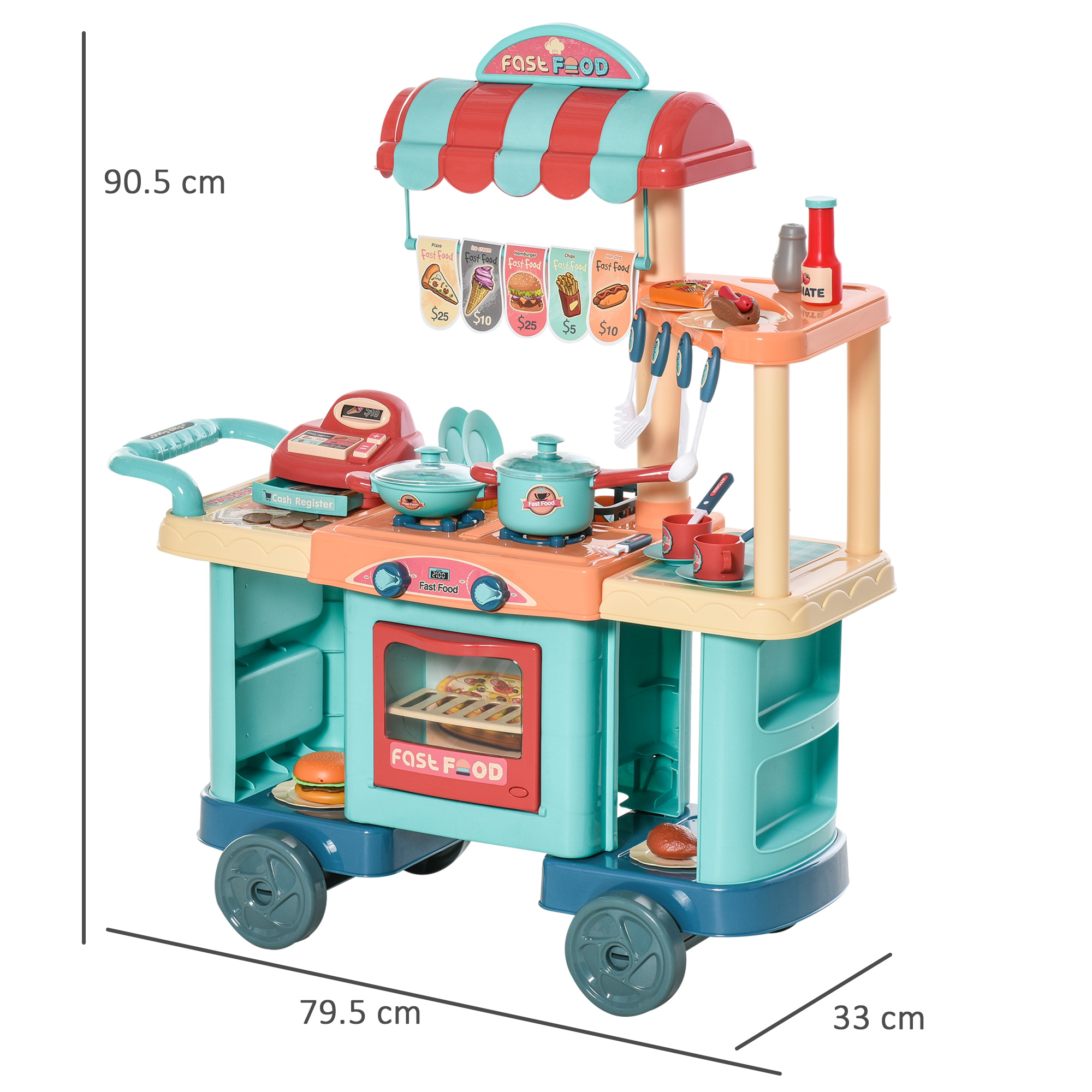 Carrello giocattolo fast food con tenda da sole rossa e blu, con registratore di cassa e cibo.