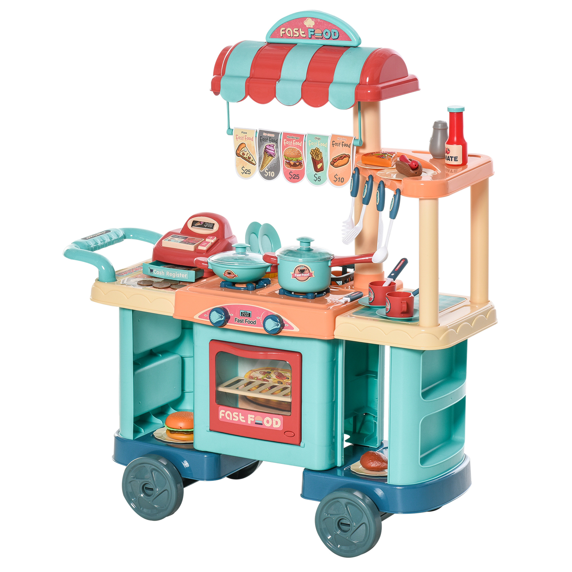 Carrello giocattolo per cibo con bancone, forno e tenda da sole. Include cibo giocattolo, utensili e registratore di cassa.