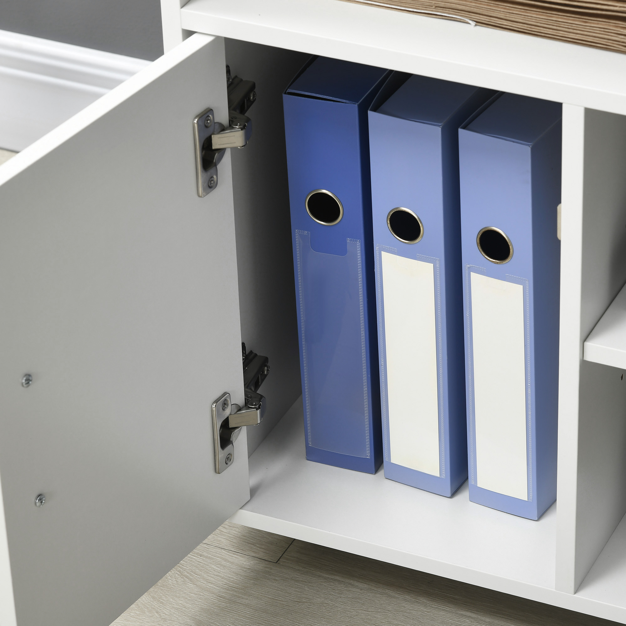 Mobile bianco con anta aperta che rivela tre cartelle blu. Un pavimento in legno chiaro è visibile.