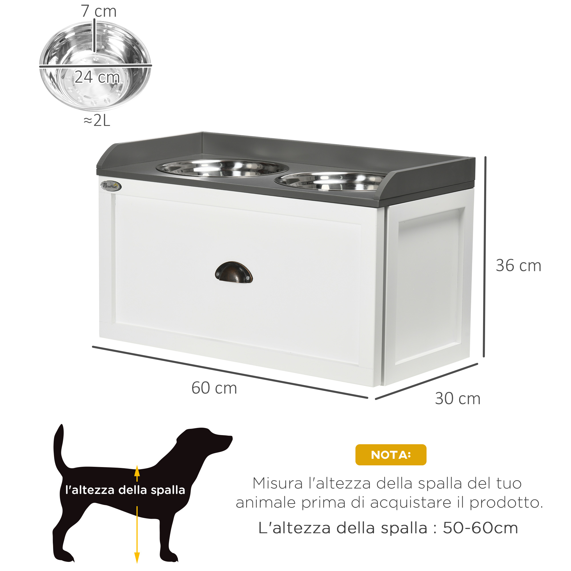 Un supporto per ciotole per cani bianco e grigio con dimensioni. Una silhouette mostra come misurare l'altezza delle spalle del cane.