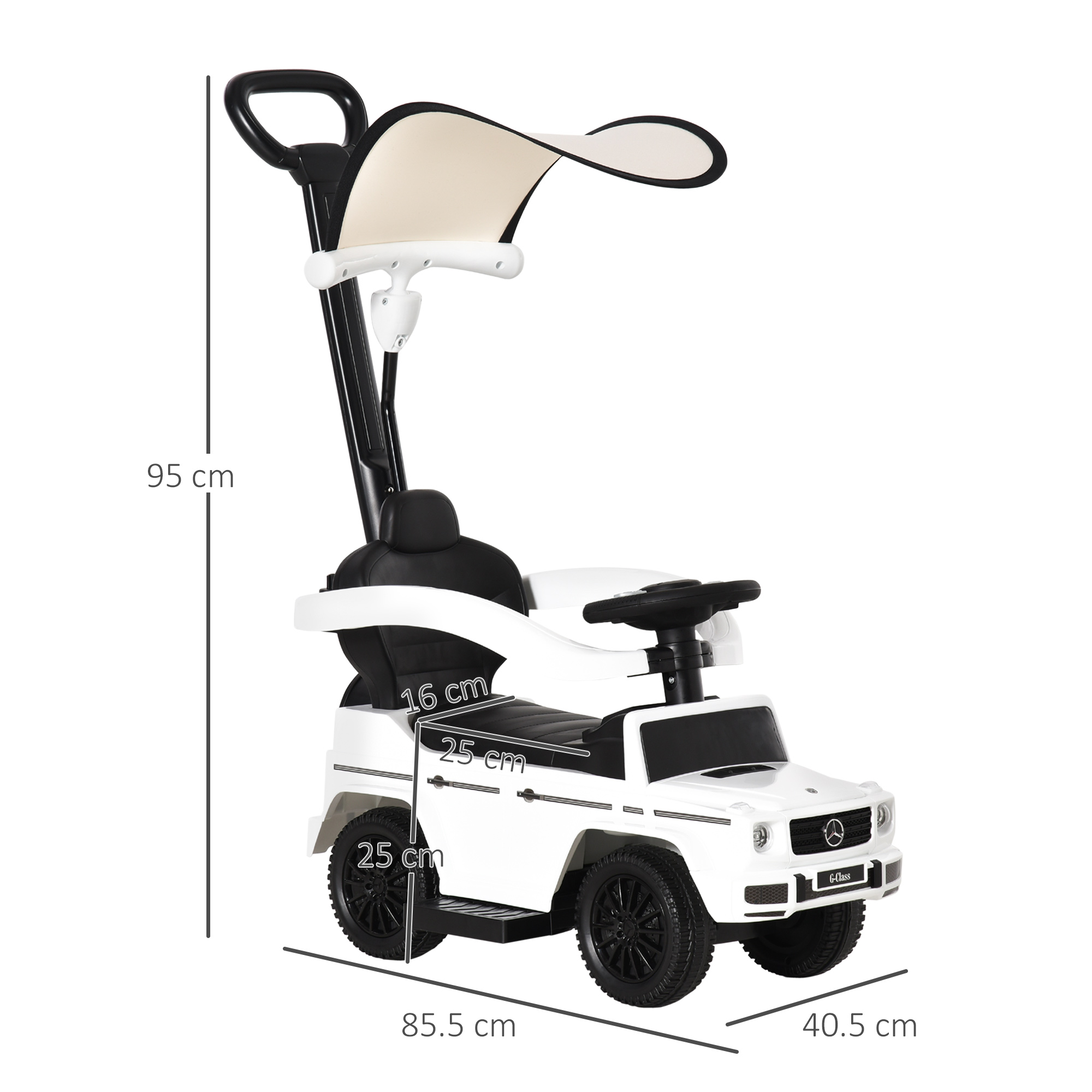 Un'auto giocattolo bianca con parasole, che mostra le dimensioni. Un sedile nero e un volante sono visibili.