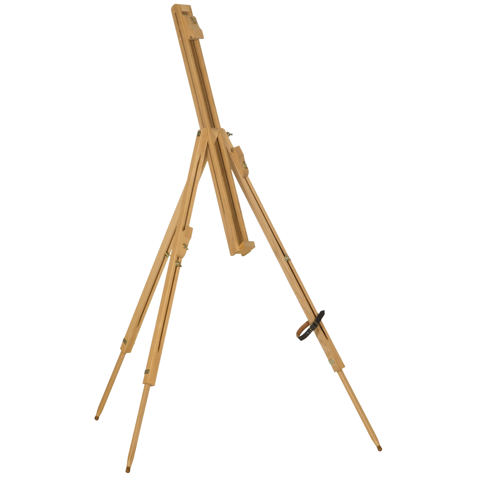 Un cavalletto da artista in legno, completamente esteso. Ha tre gambe e tiene un supporto per tela. È su sfondo bianco.