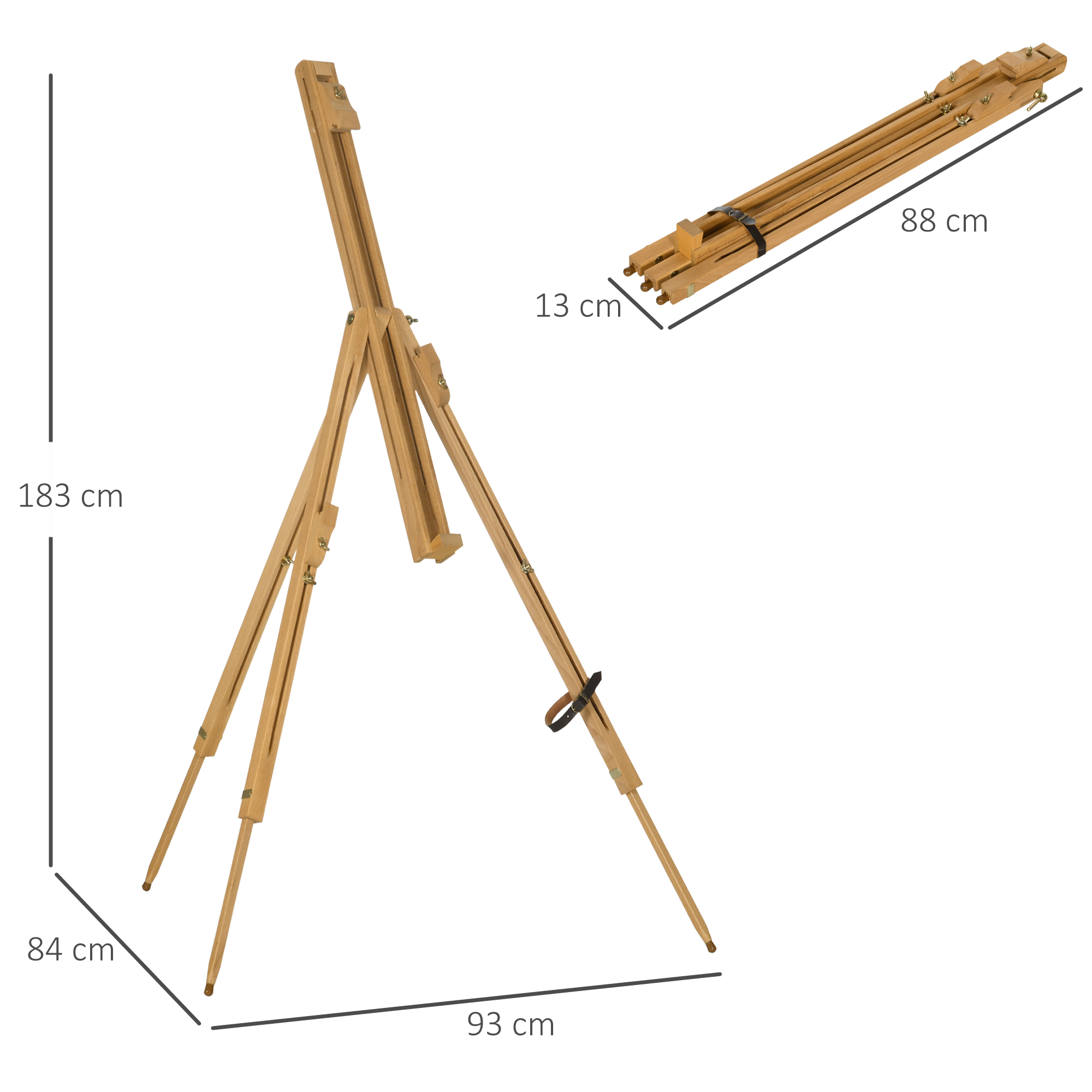 Un cavalletto da artista in legno, con dimensioni indicate. C'è un secondo cavalletto piegato e le dimensioni.