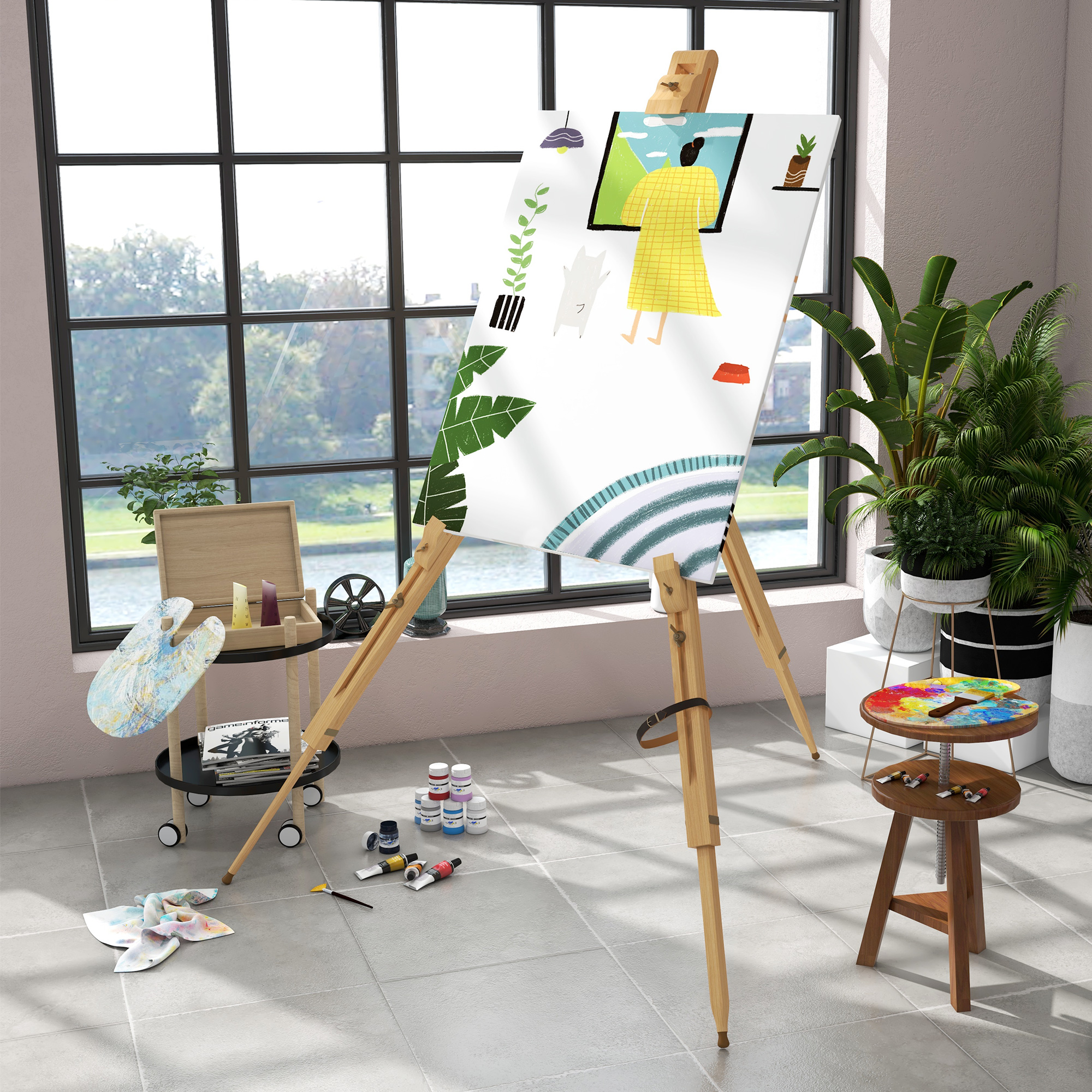 Studio dell'artista con cavalletto, pittura, vernici, tavolozza e finestra sullo sfondo.