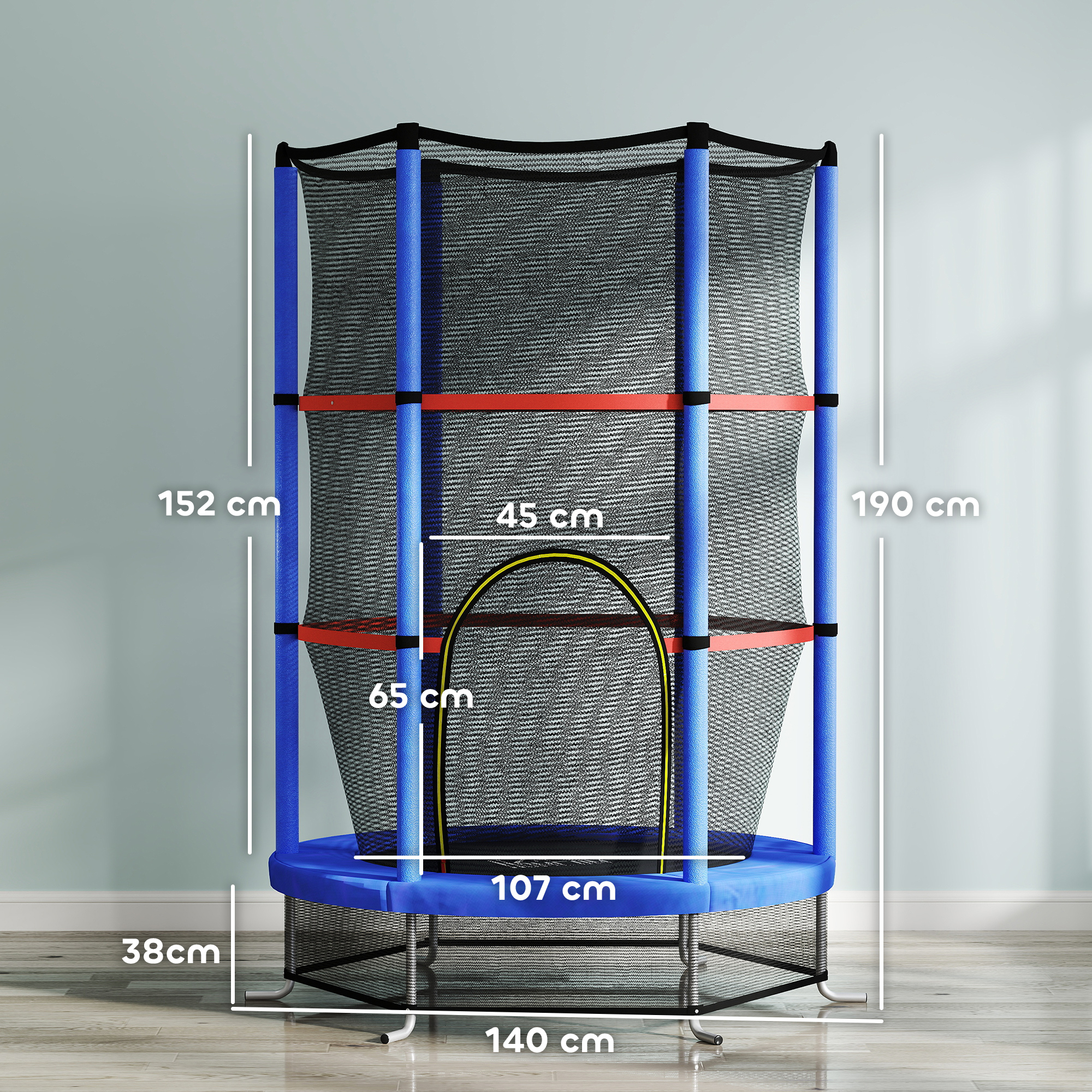 Un trampolino blu, rosso e nero con dimensioni etichettate. È contro un muro blu.