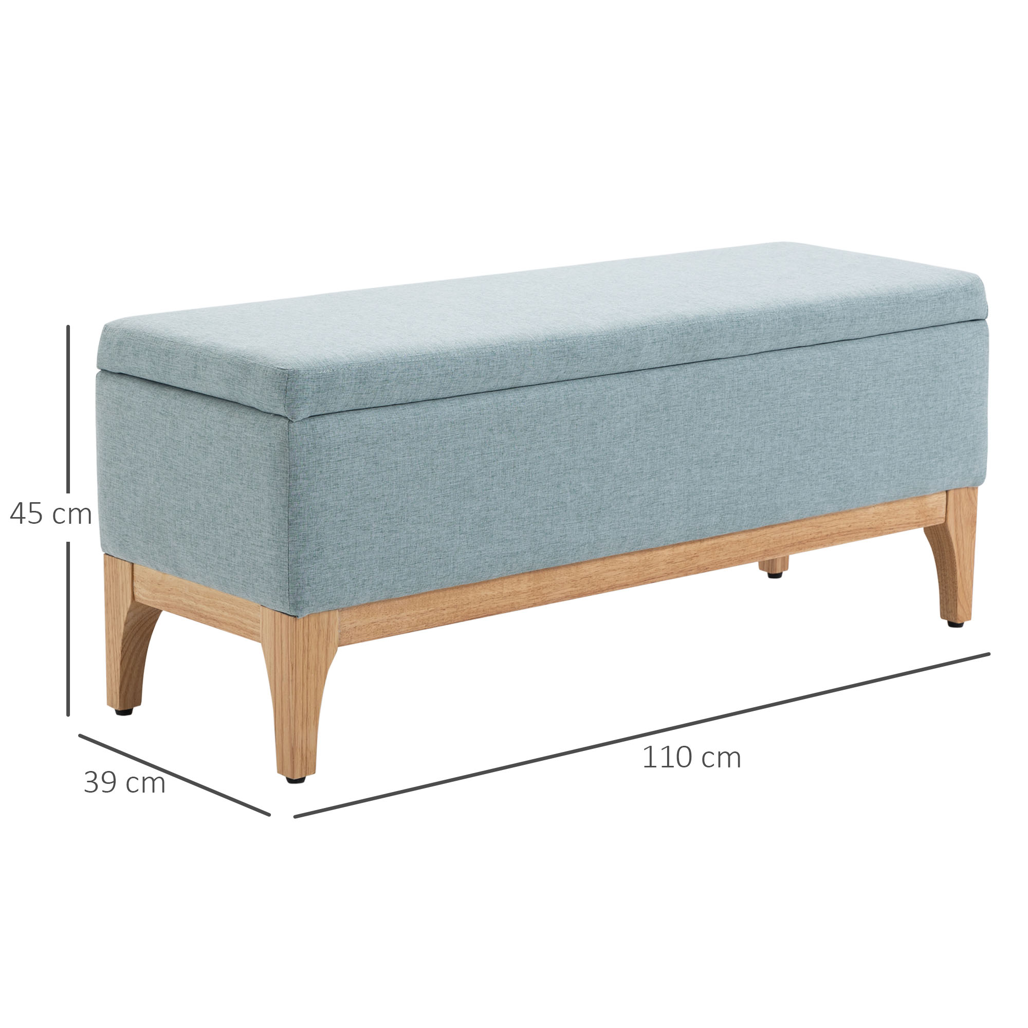 Panca contenitore blu con tessuto azzurro e gambe in legno. Dimensioni visibili.