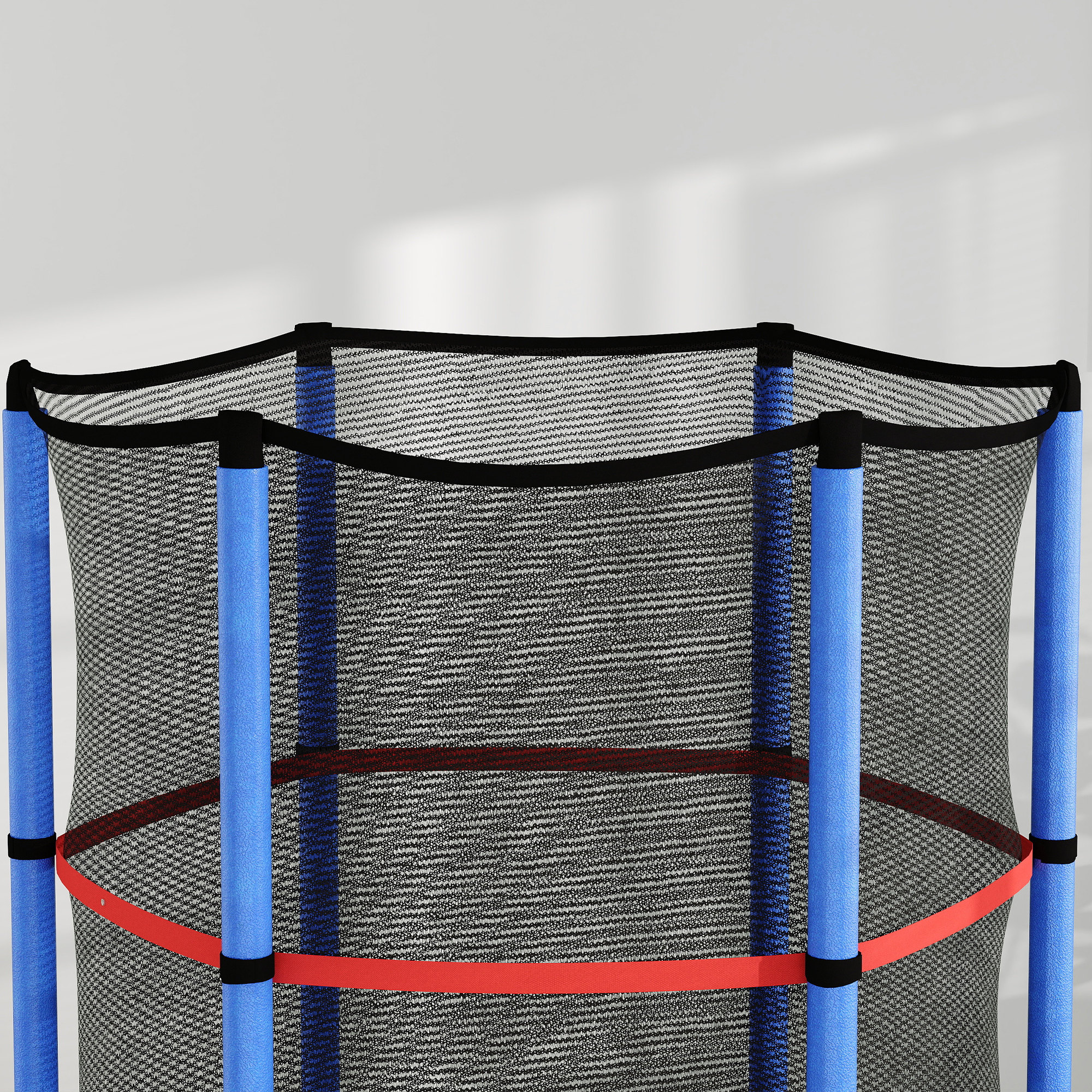 Trampolino con telaio blu, rete nera e dettagli rossi e neri.