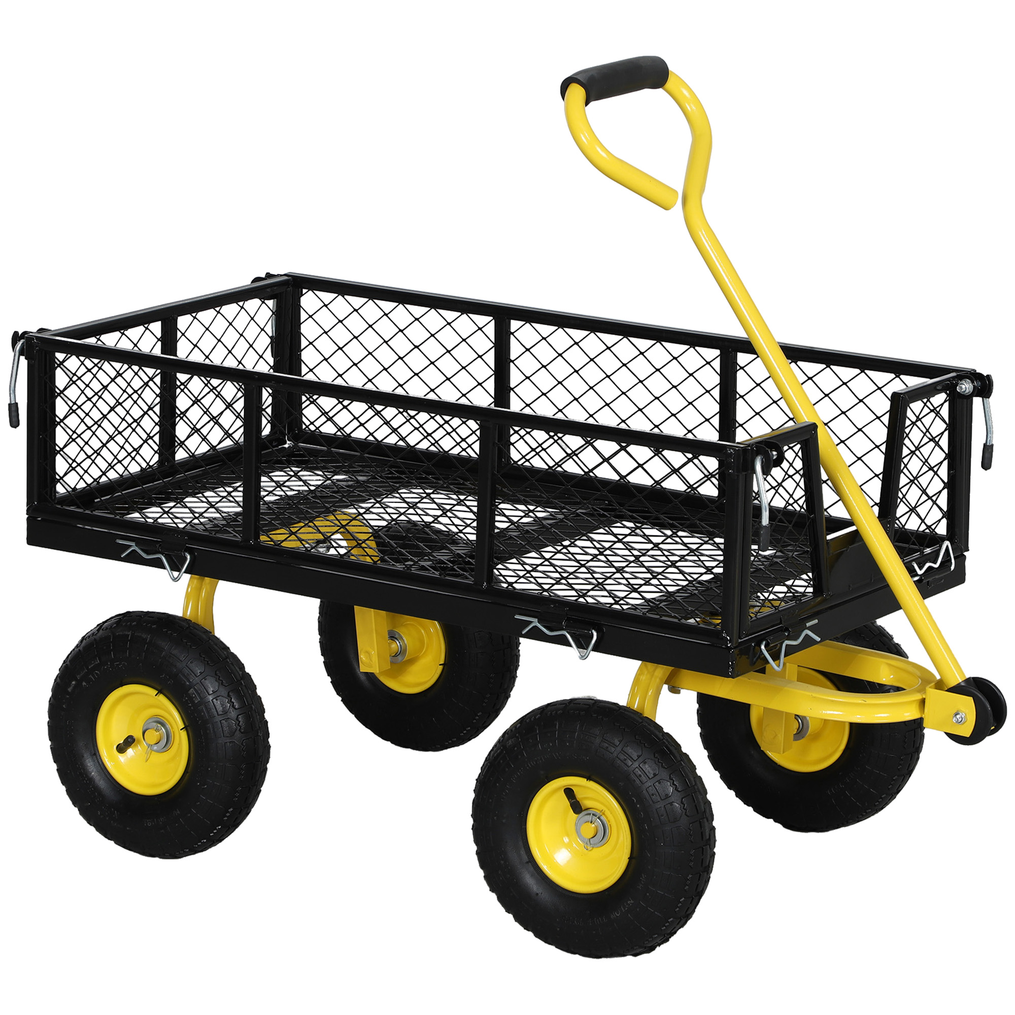 Un carrello da giardino in metallo giallo e nero con quattro ruote e un manico. Lati in rete nera.
