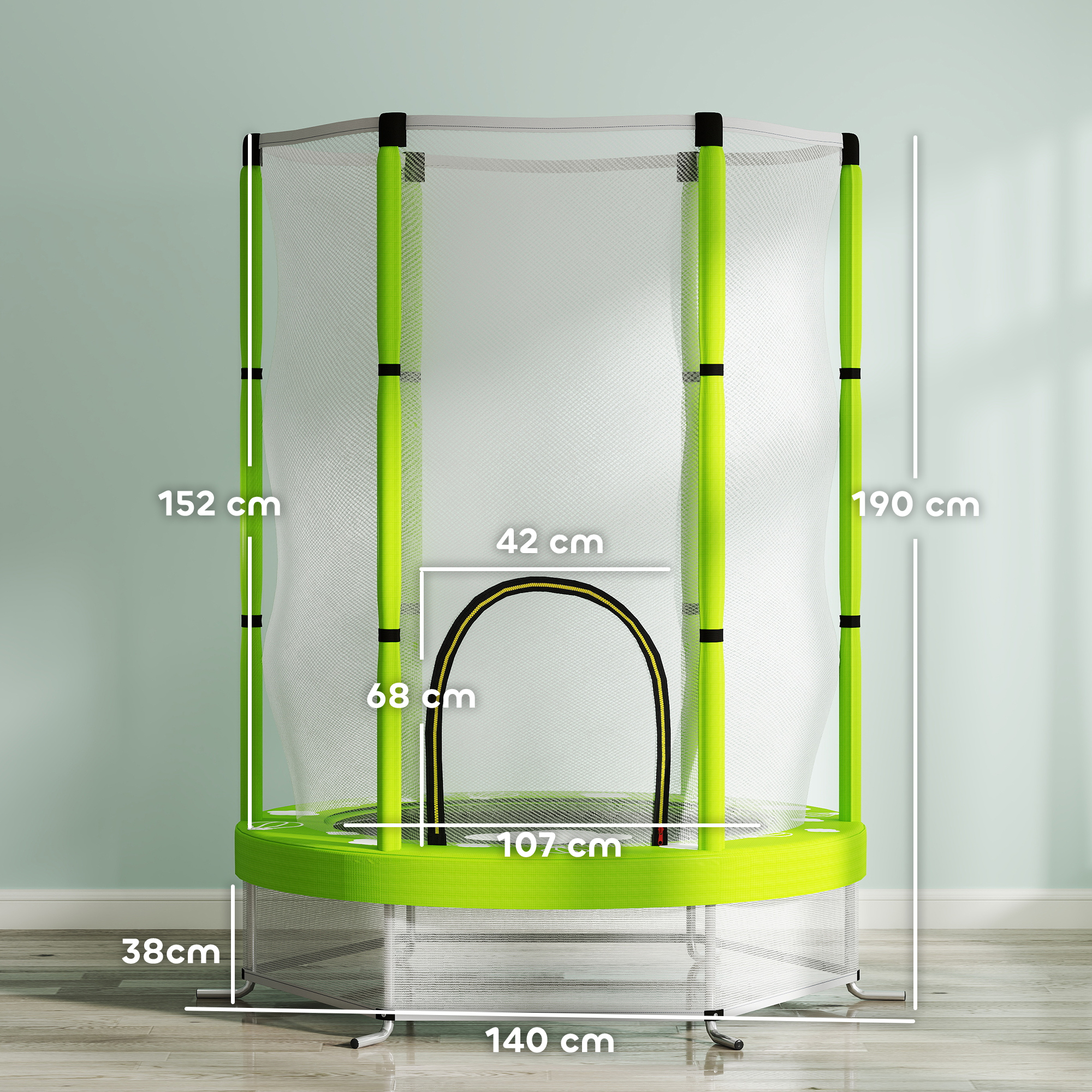 Un trampolino verde e bianco con dimensioni. Il trampolino ha una rete di sicurezza.