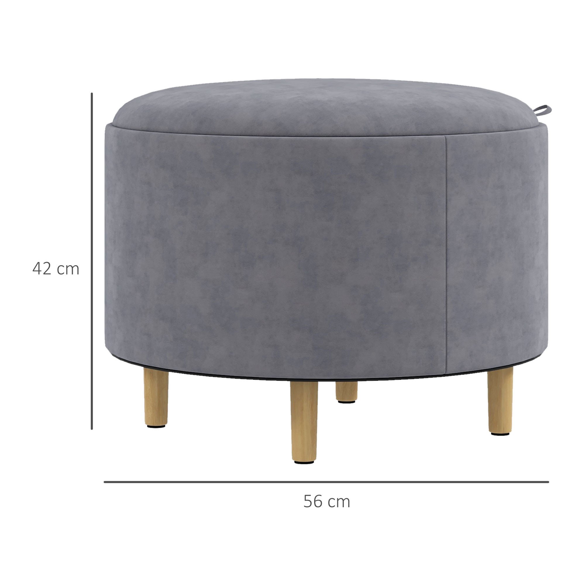 Pouf contenitore grigio con gambe in legno. Dimensioni visibili, su sfondo bianco.