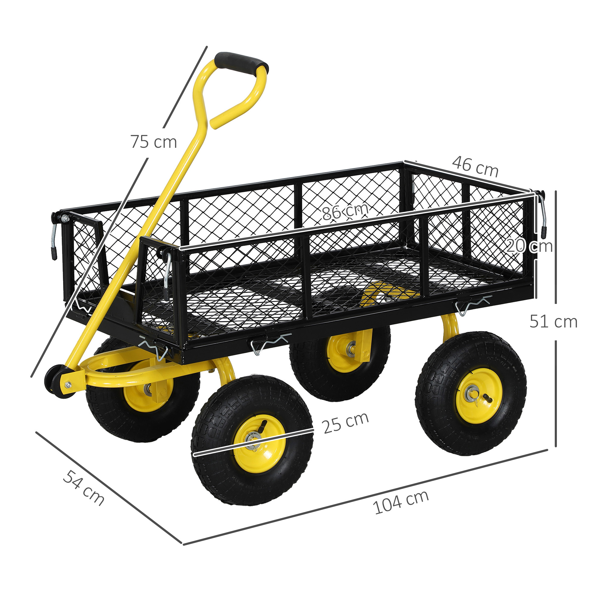 Un carrello da giardino giallo e nero con dimensioni etichettate. Ha quattro ruote e un manico.