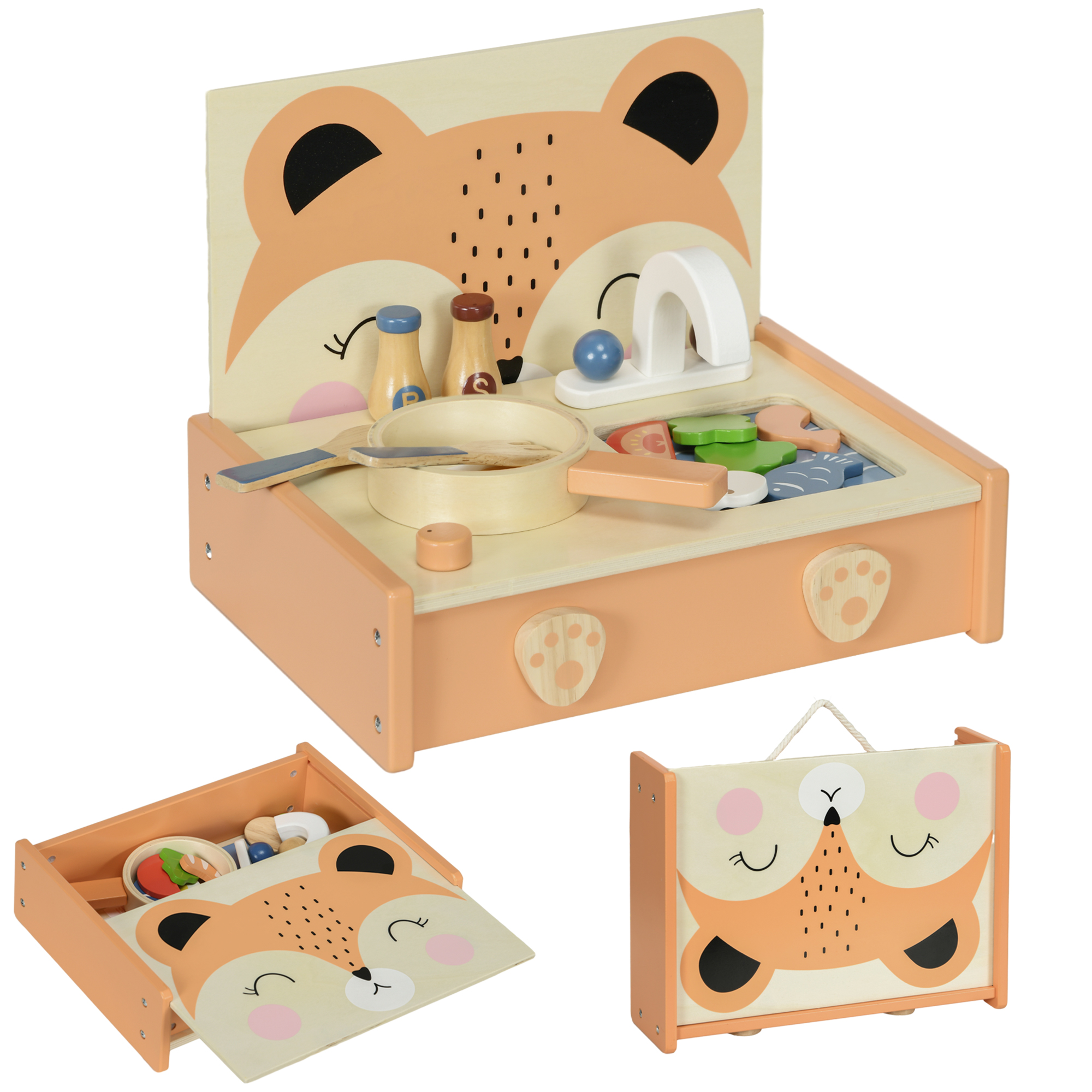 Set cucina giocattolo in legno con design a volpe. Include accessori, una padella e una custodia.