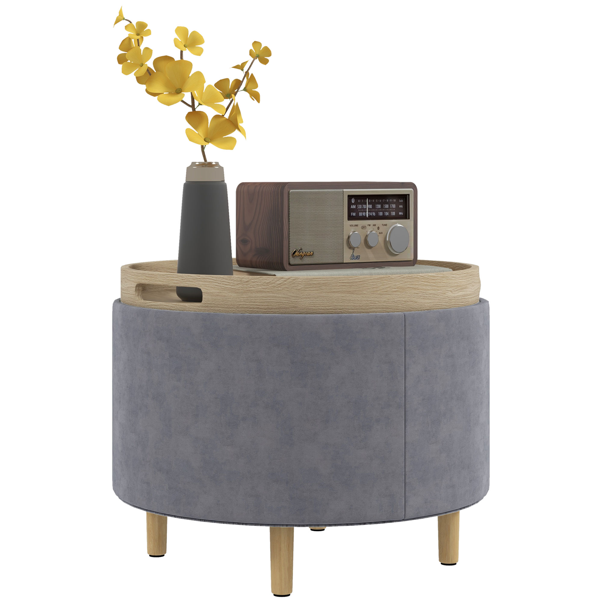 Pouf rotondo grigio con vassoio in legno, vaso con fiori e radio vintage.