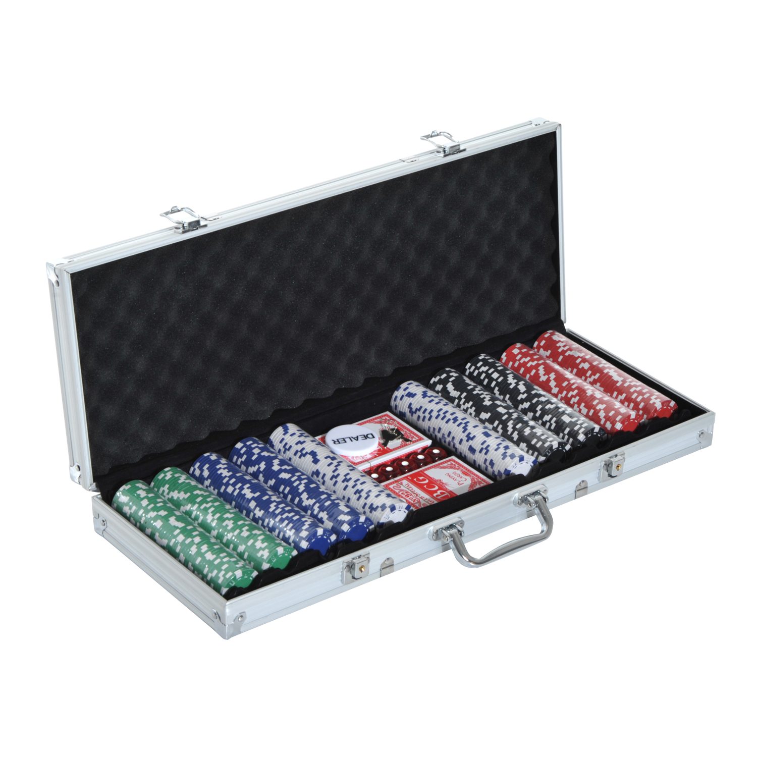 Valigetta metallica aperta con fiches da poker di vari colori e carte da gioco.