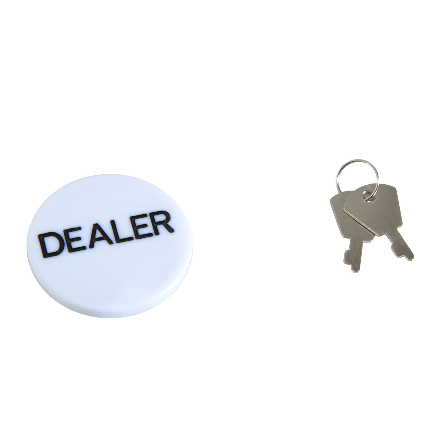 Pulsante bianco del dealer con testo "DEALER" e due chiavi su sfondo bianco.