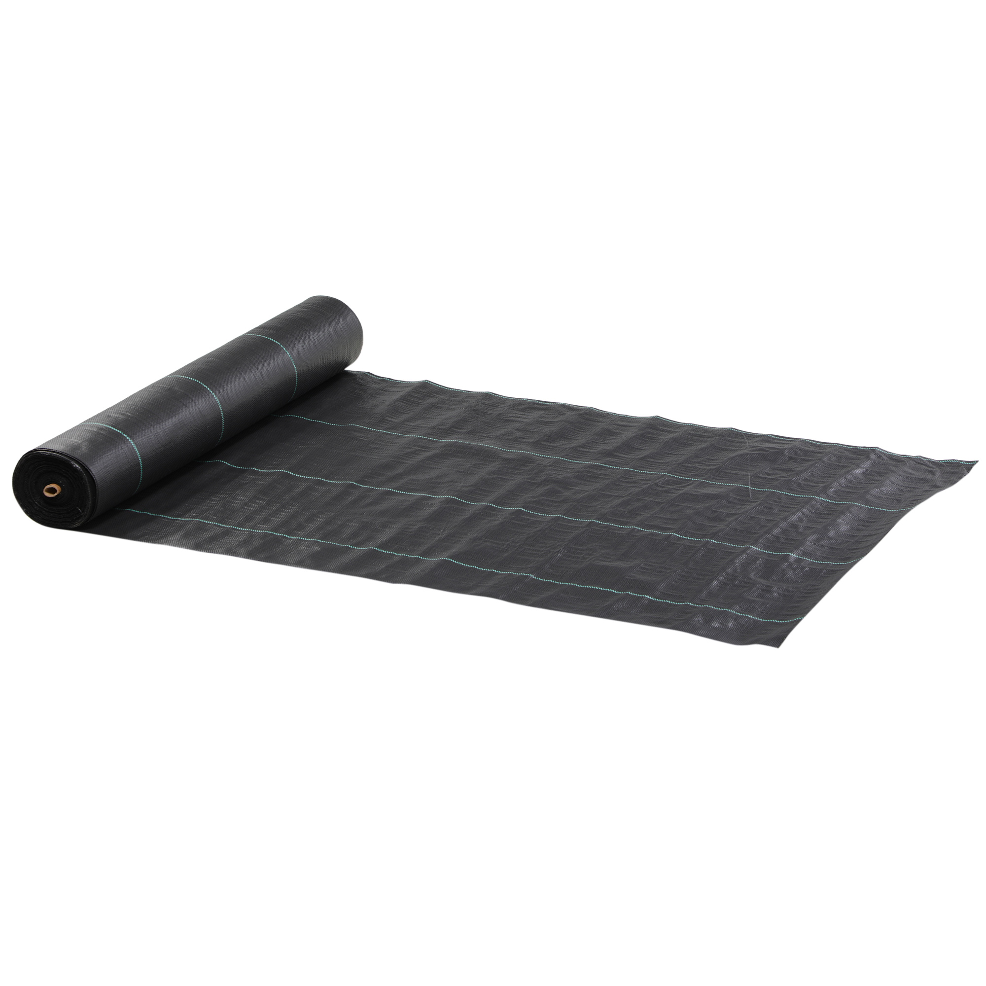 Rotolo di tessuto paesaggistico nero, srotolato, con linee a griglia verdi, su una superficie bianca.