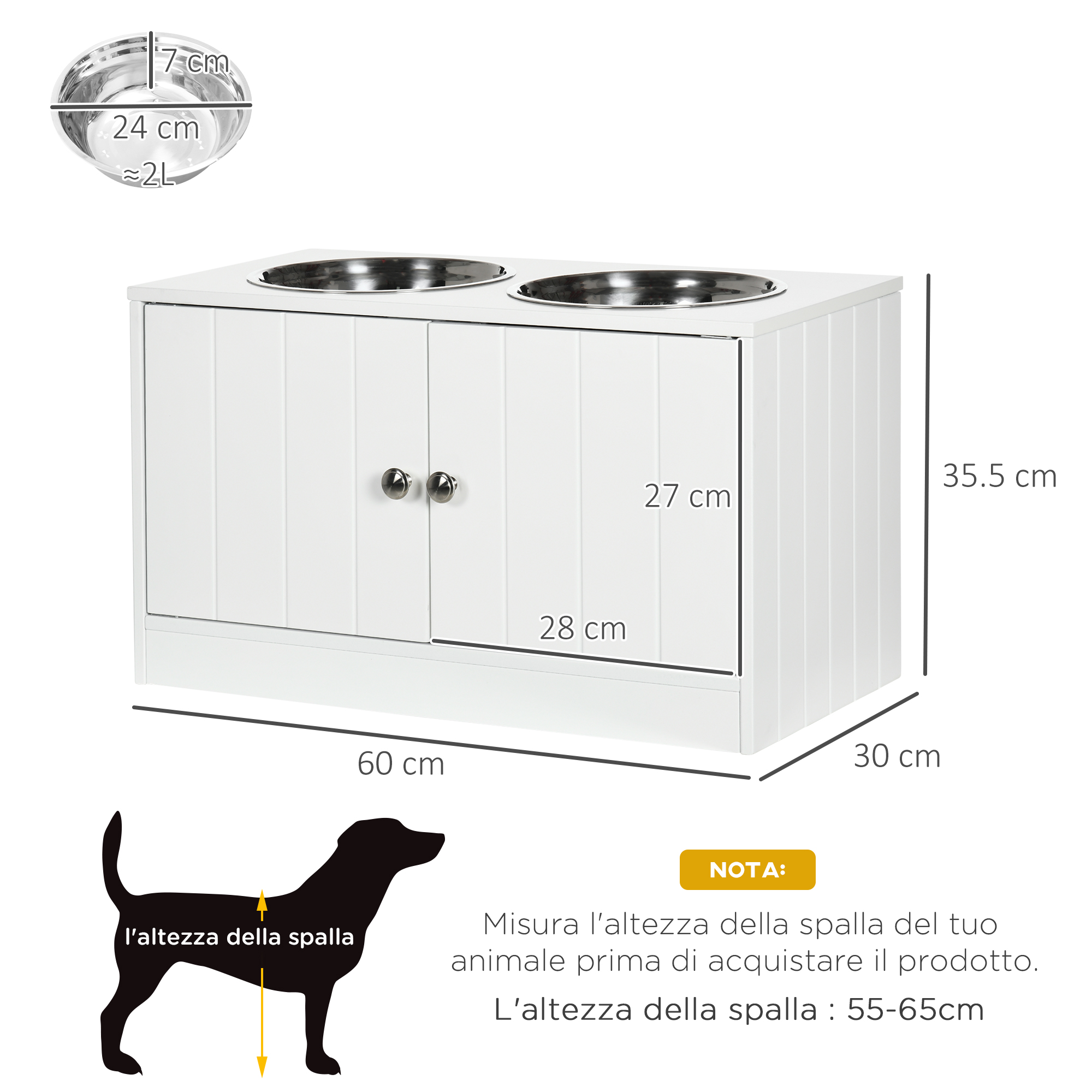Una ciotola bianca per cibo per cani con due ciotole in acciaio inossidabile. Le dimensioni e il testo sono visualizzati sull'immagine.