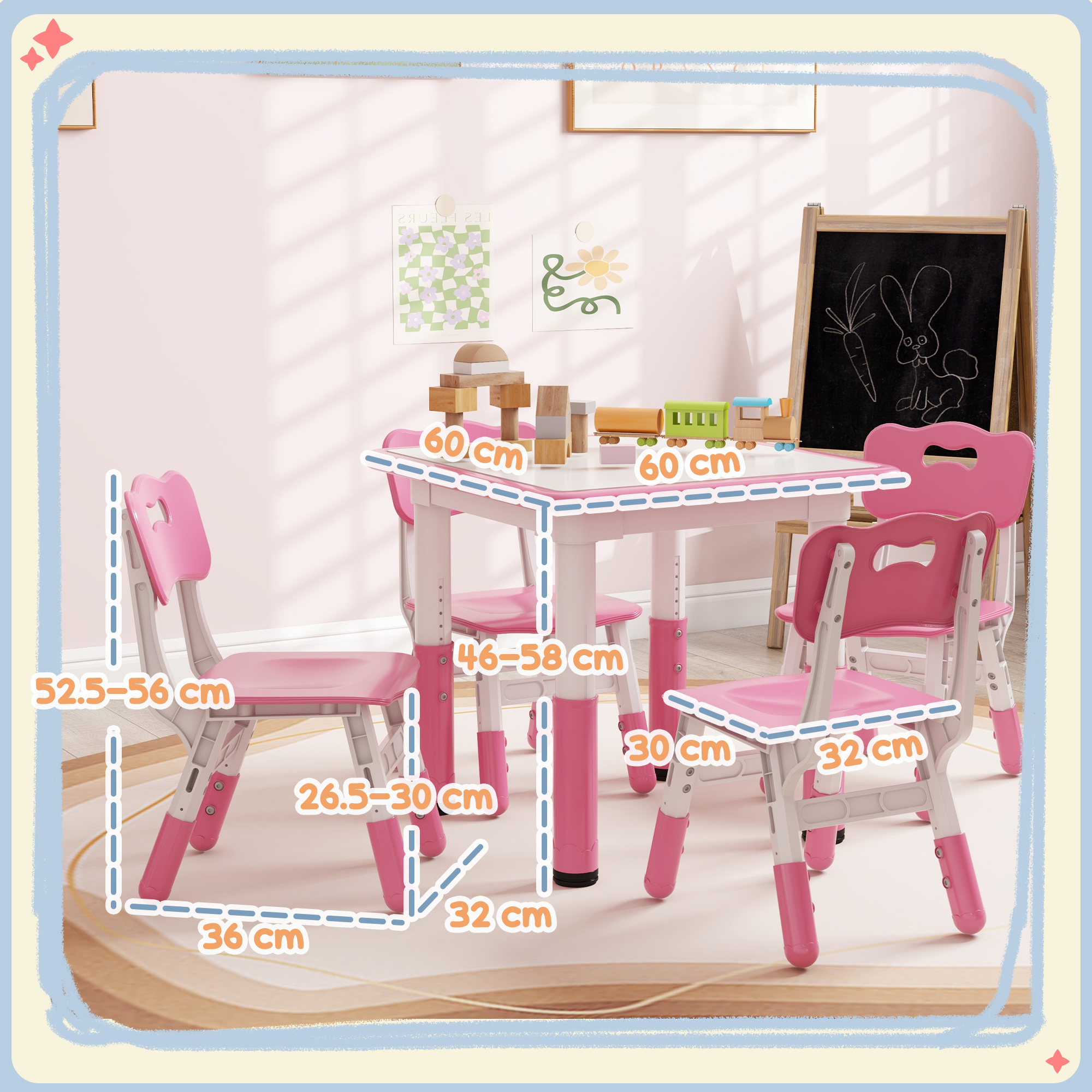 Tavolo e sedie rosa per bambini. Le misure sono indicate sui mobili.