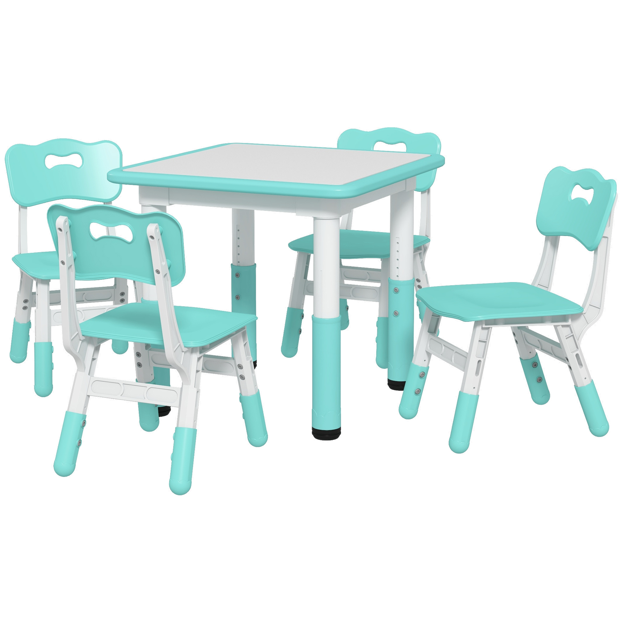 Un set tavolo per bambini con quattro sedie. Il tavolo e le sedie sono azzurro chiaro e bianche.