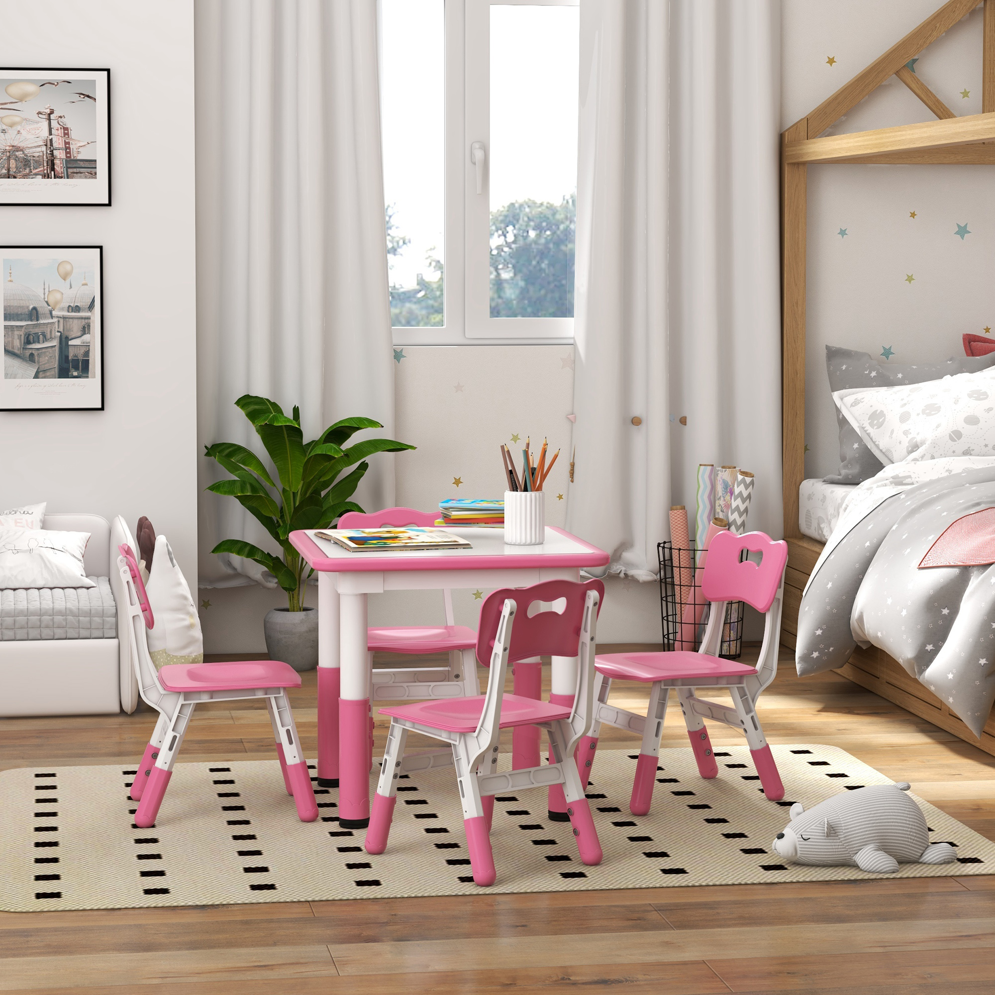 Set di mobili per bambini rosa in una stanza con finestra, tappeto e letto.