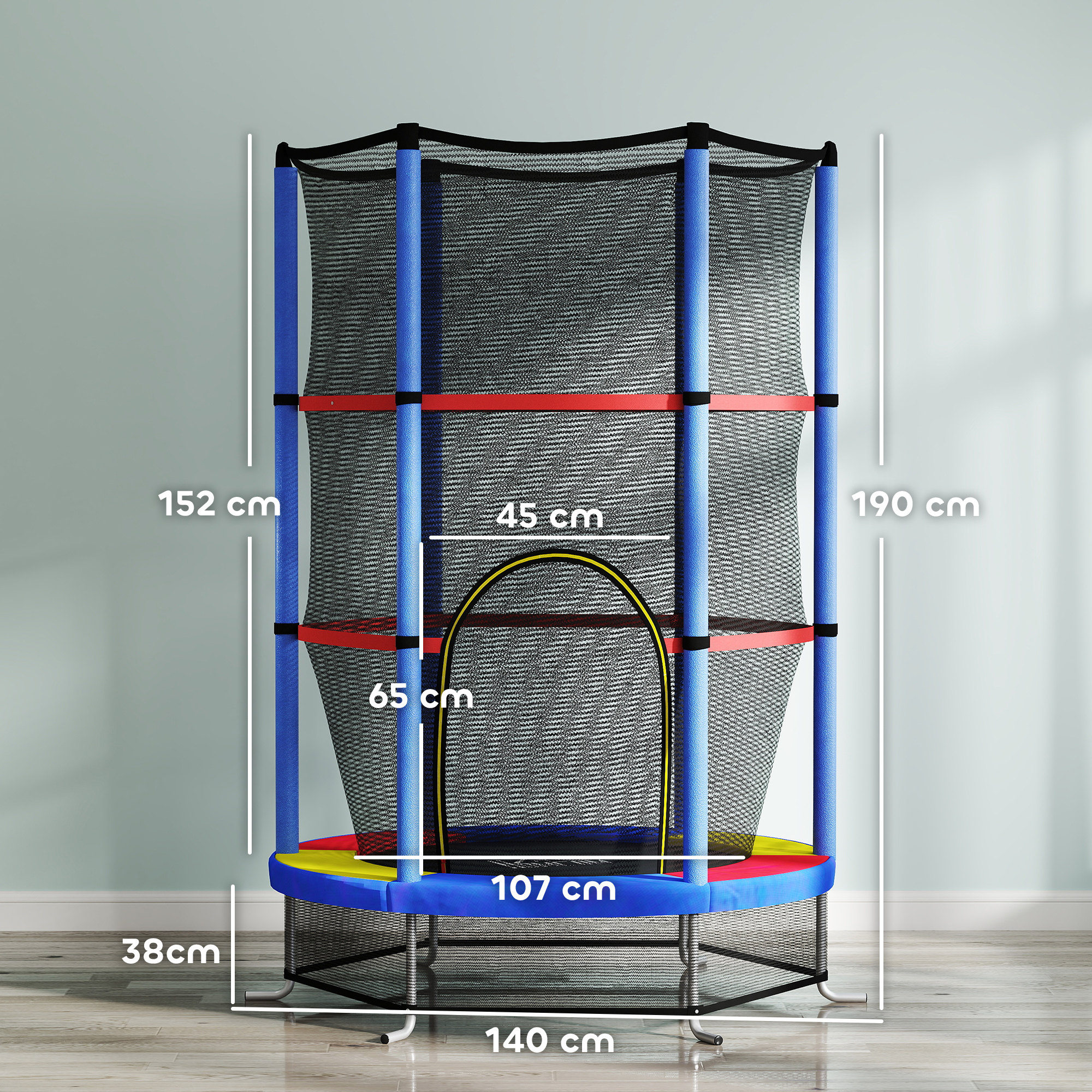 Un trampolino blu, rosso e nero con dimensioni etichettate. È contro un muro azzurro.
