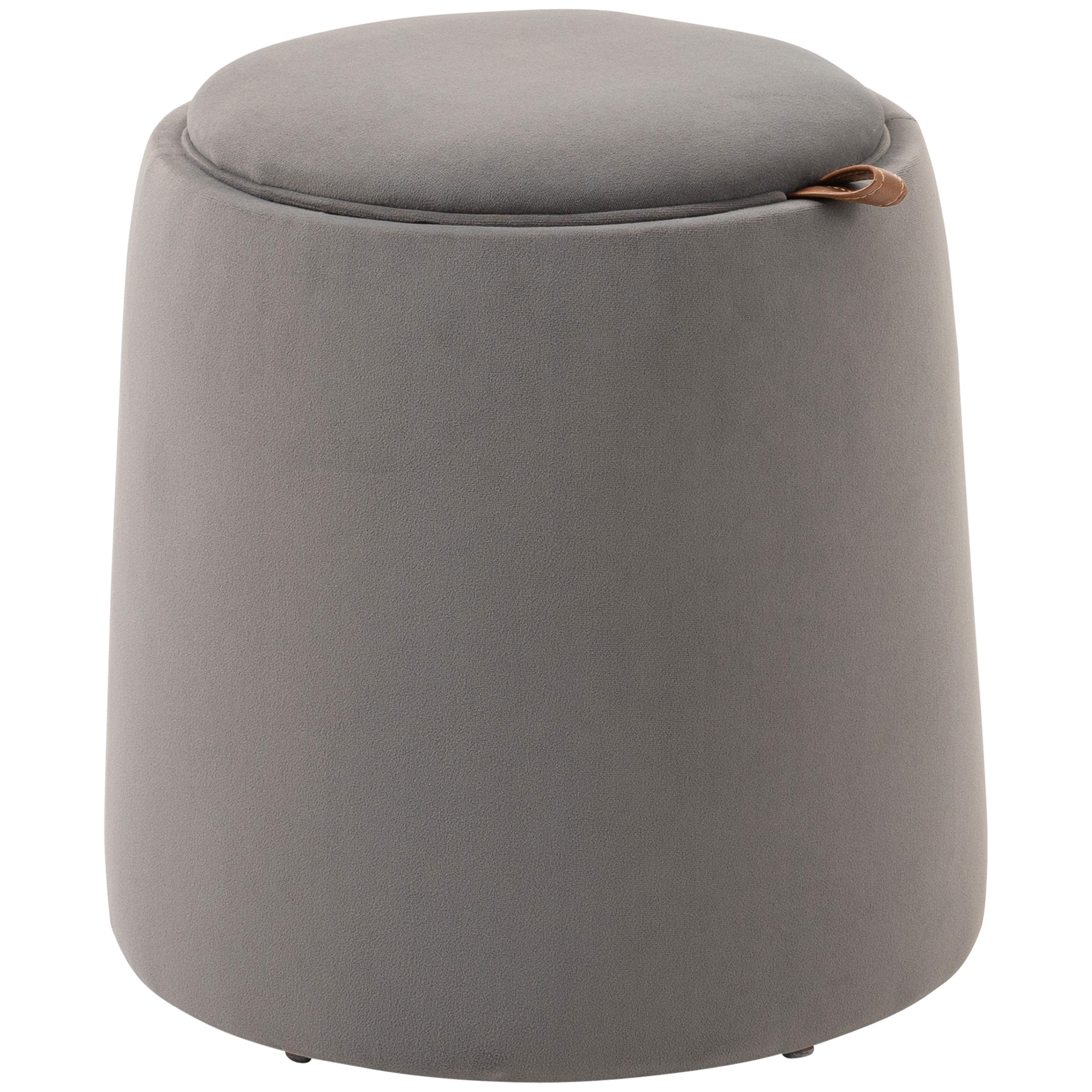 Pouff cilindrico grigio con manico in pelle sulla parte superiore su sfondo bianco.
