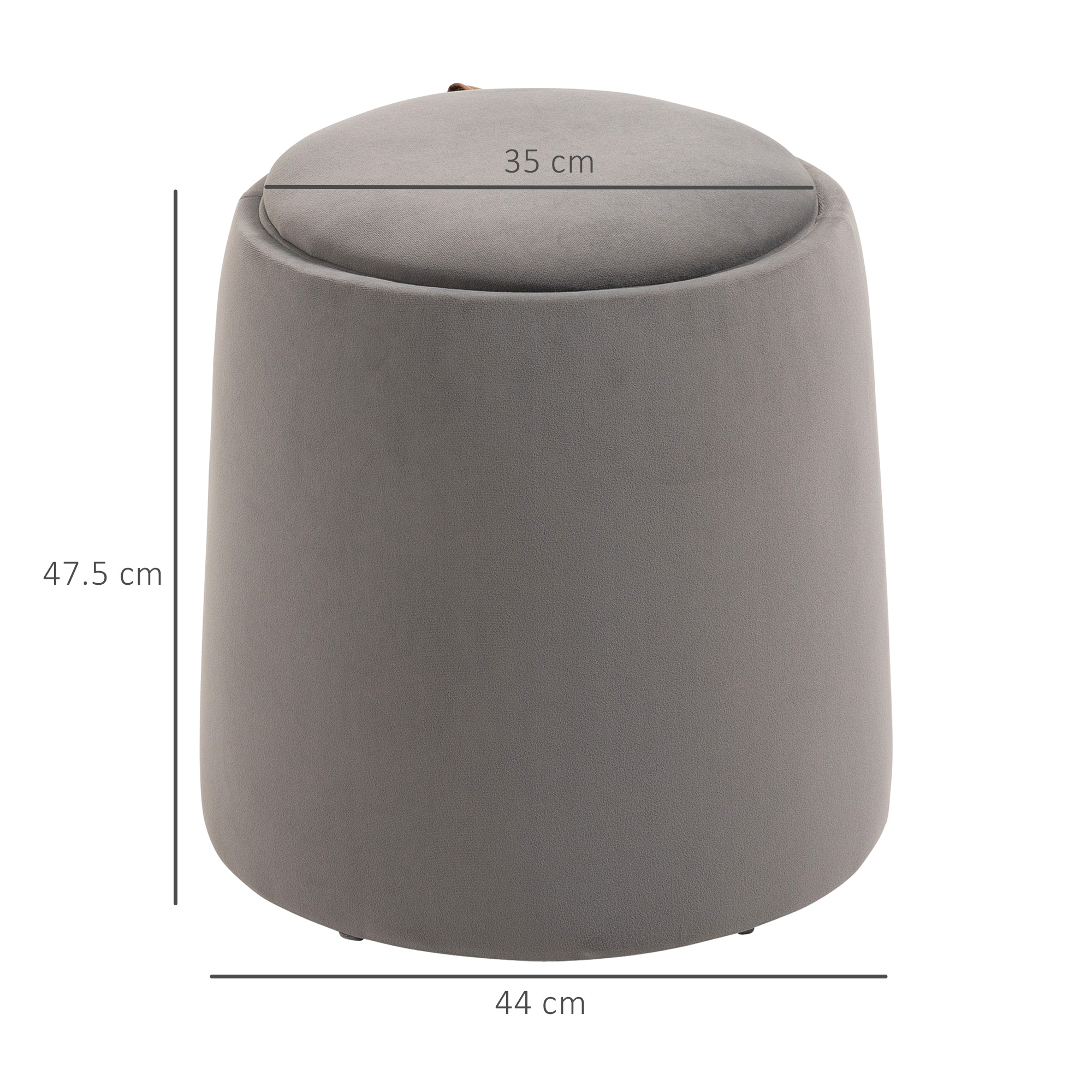 Pouf cilindrico grigio con misure indicate.