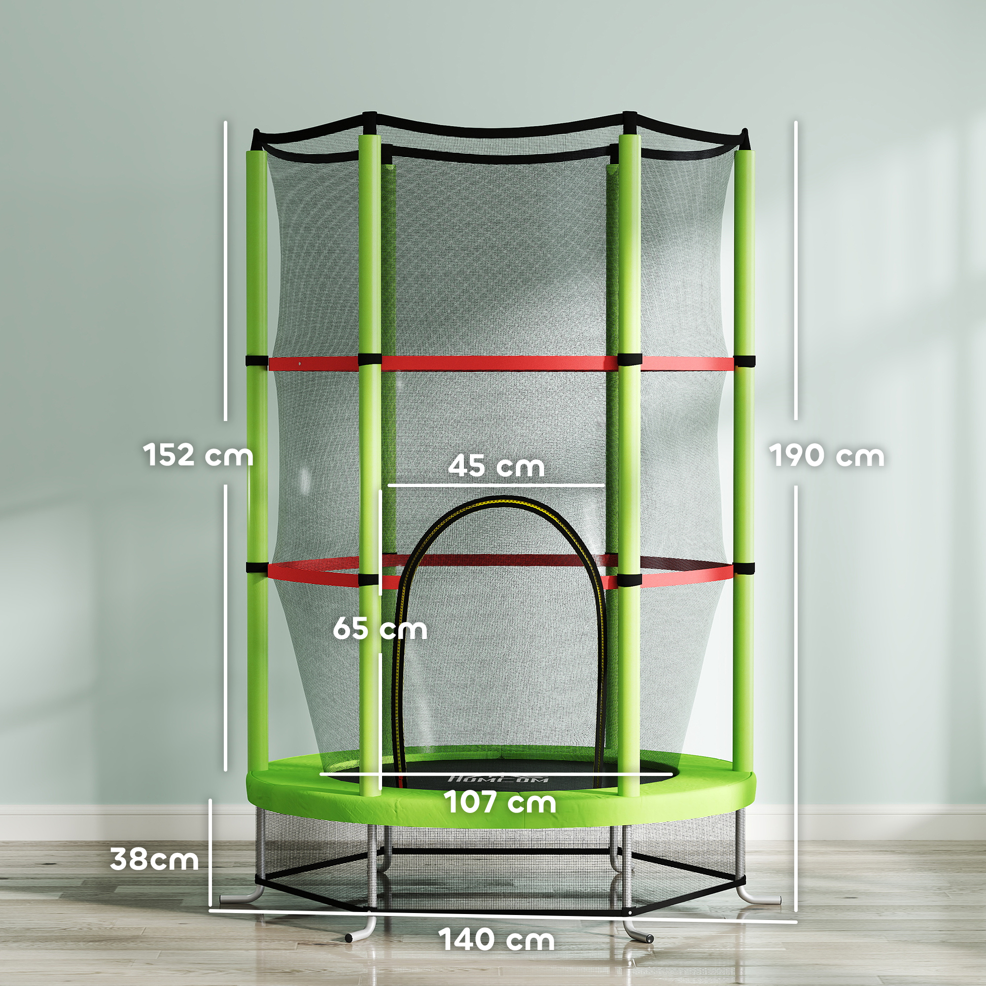 Trampolino verde e rosso con rete di sicurezza. Misure di altezza e larghezza visibili.