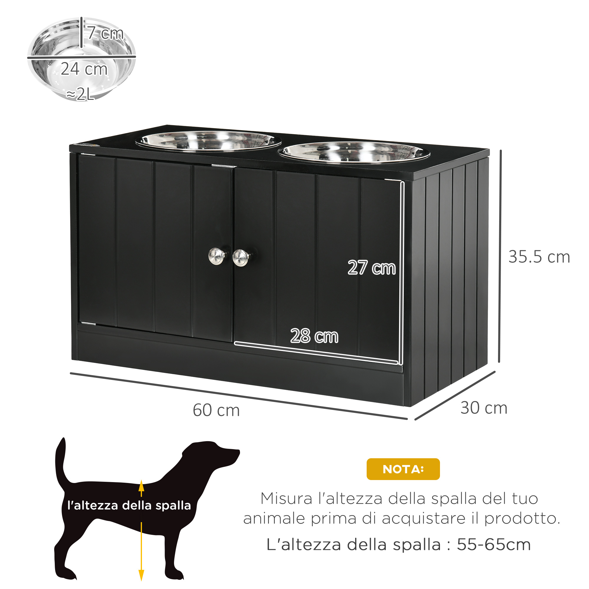 Un mobile nero per cibo per cani con due ciotole. Le dimensioni sono elencate con un'illustrazione della silhouette di un cane.