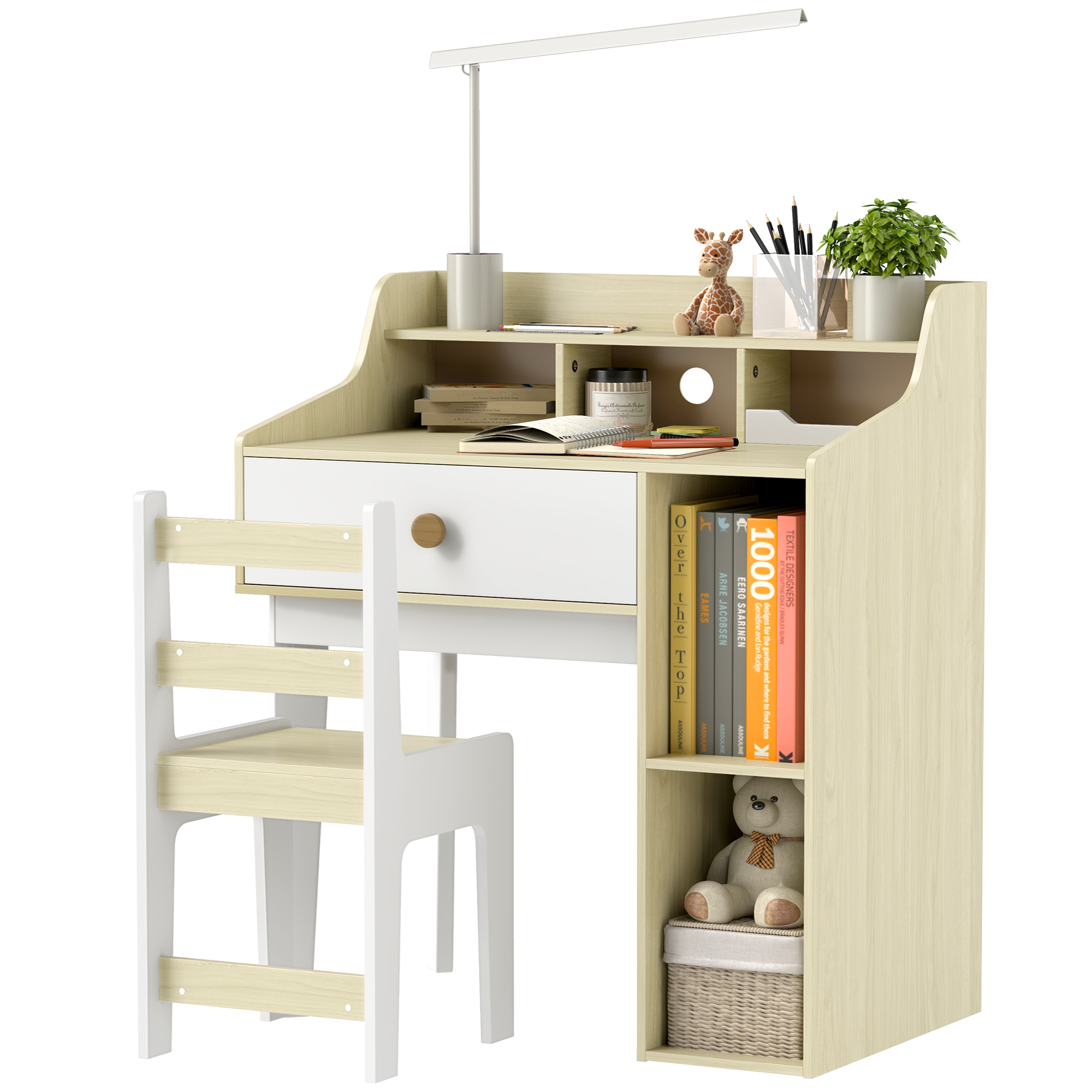 Una scrivania in legno chiaro con un cassetto bianco e una sedia. Include lampada, libri e decorazioni.
