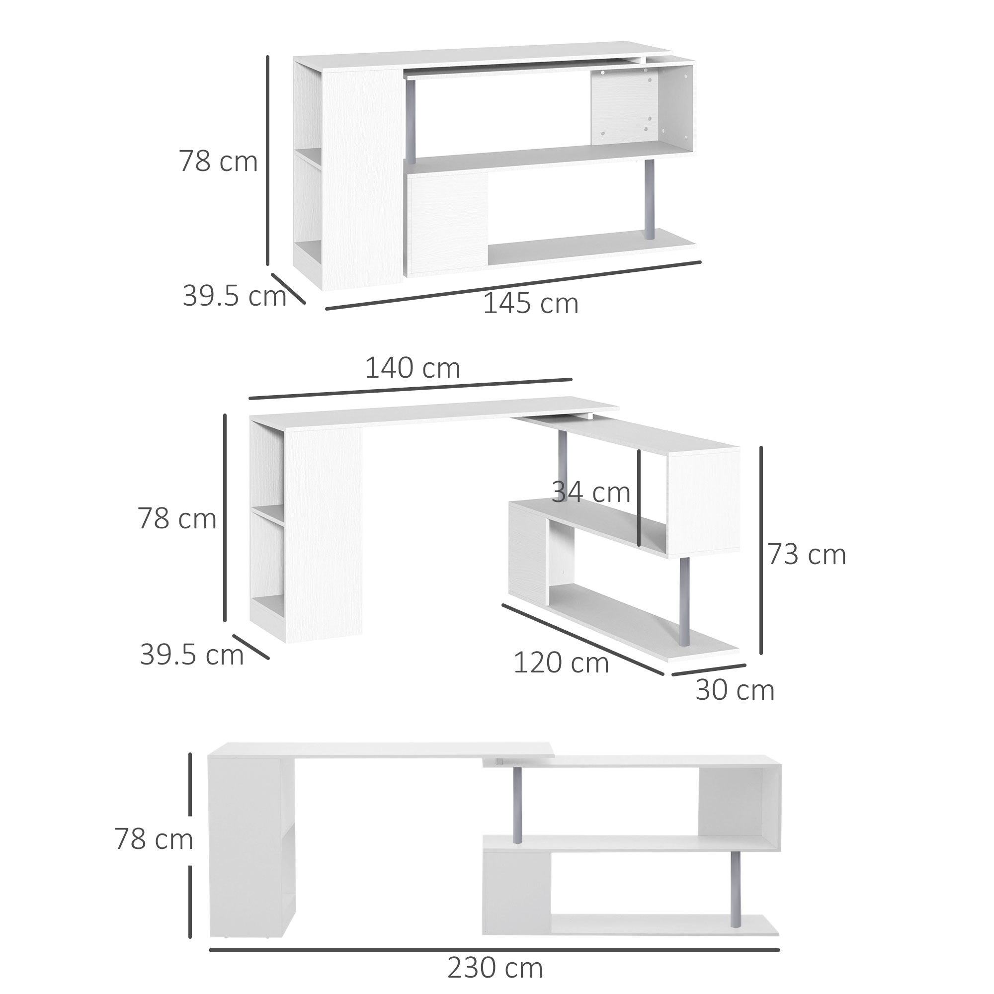 Una scrivania bianca con mensole e cassetti. La scrivania ha un design moderno e le dimensioni sono mostrate.