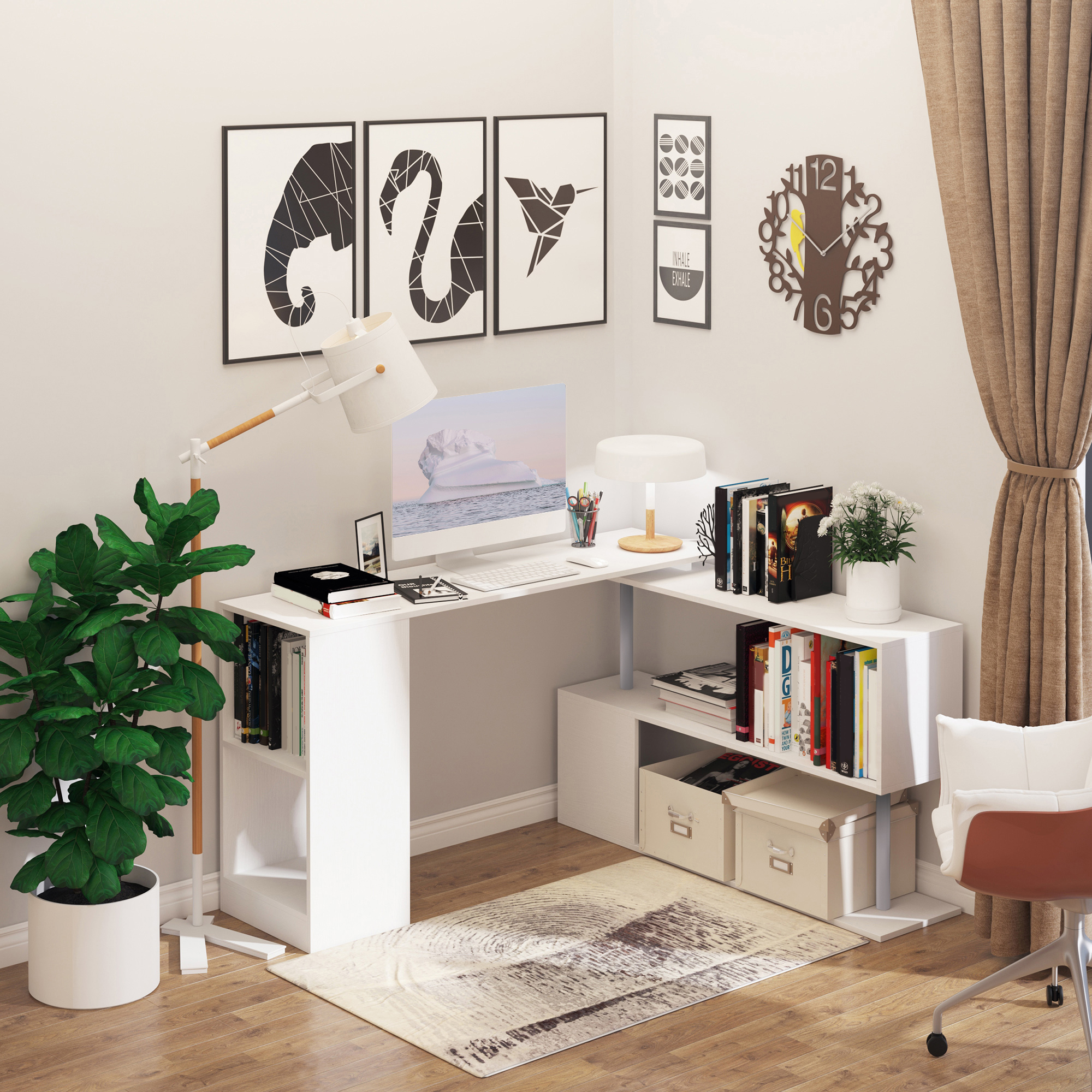 Scrivania bianca con mensole, libri e decorazioni. Monitor, lampada e opere d'arte presenti.