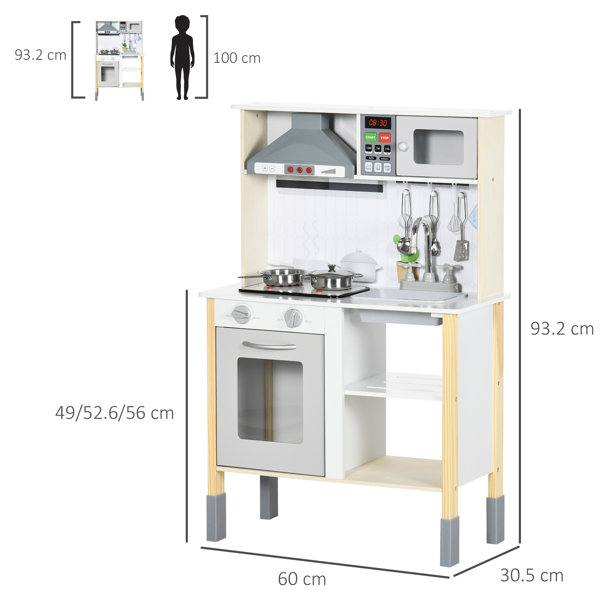 Una cucina giocattolo in legno con misure. È bianca e color legno naturale con un forno grigio.