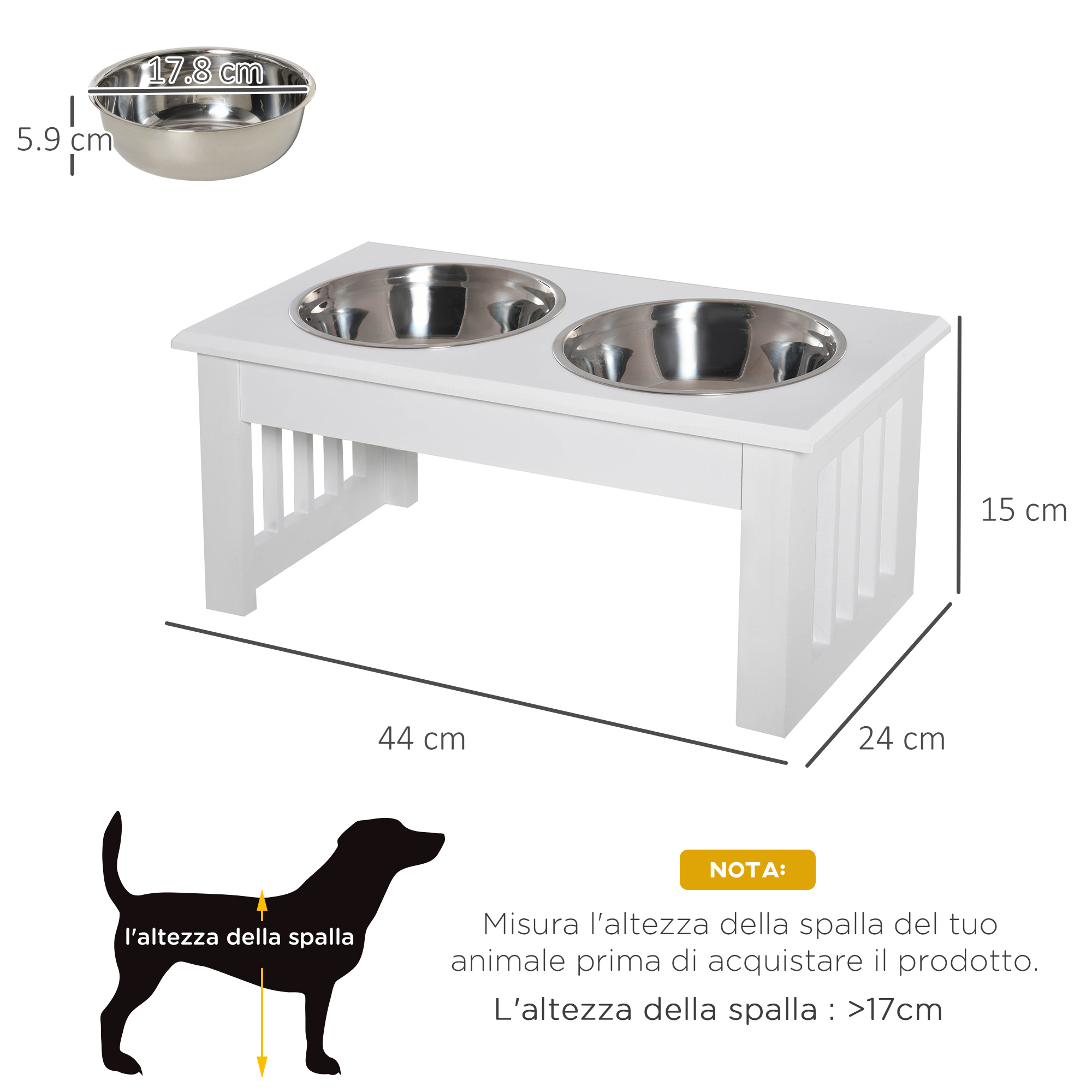 Supporto per ciotola per cani bianco con due ciotole in acciaio inossidabile.