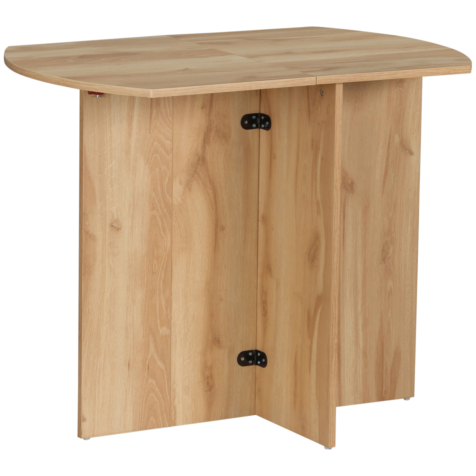 Tavolo pieghevole in legno, parzialmente aperto. Il tavolo ha una finitura in legno e una base a forma di croce.