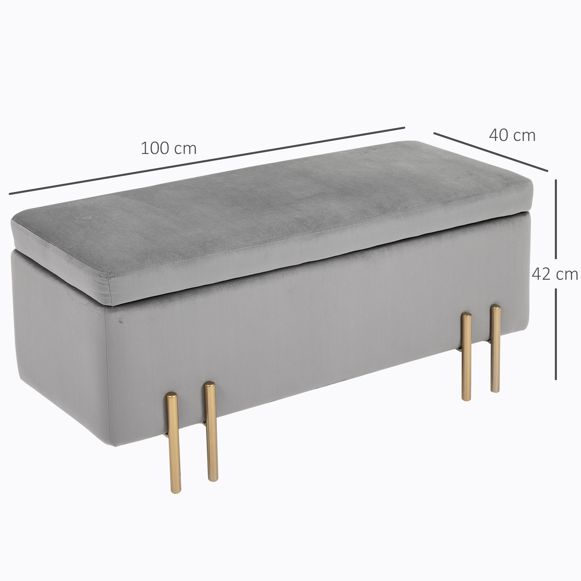 Panca imbottita grigia con gambe dorate. Dimensioni: 100x40x42 cm.