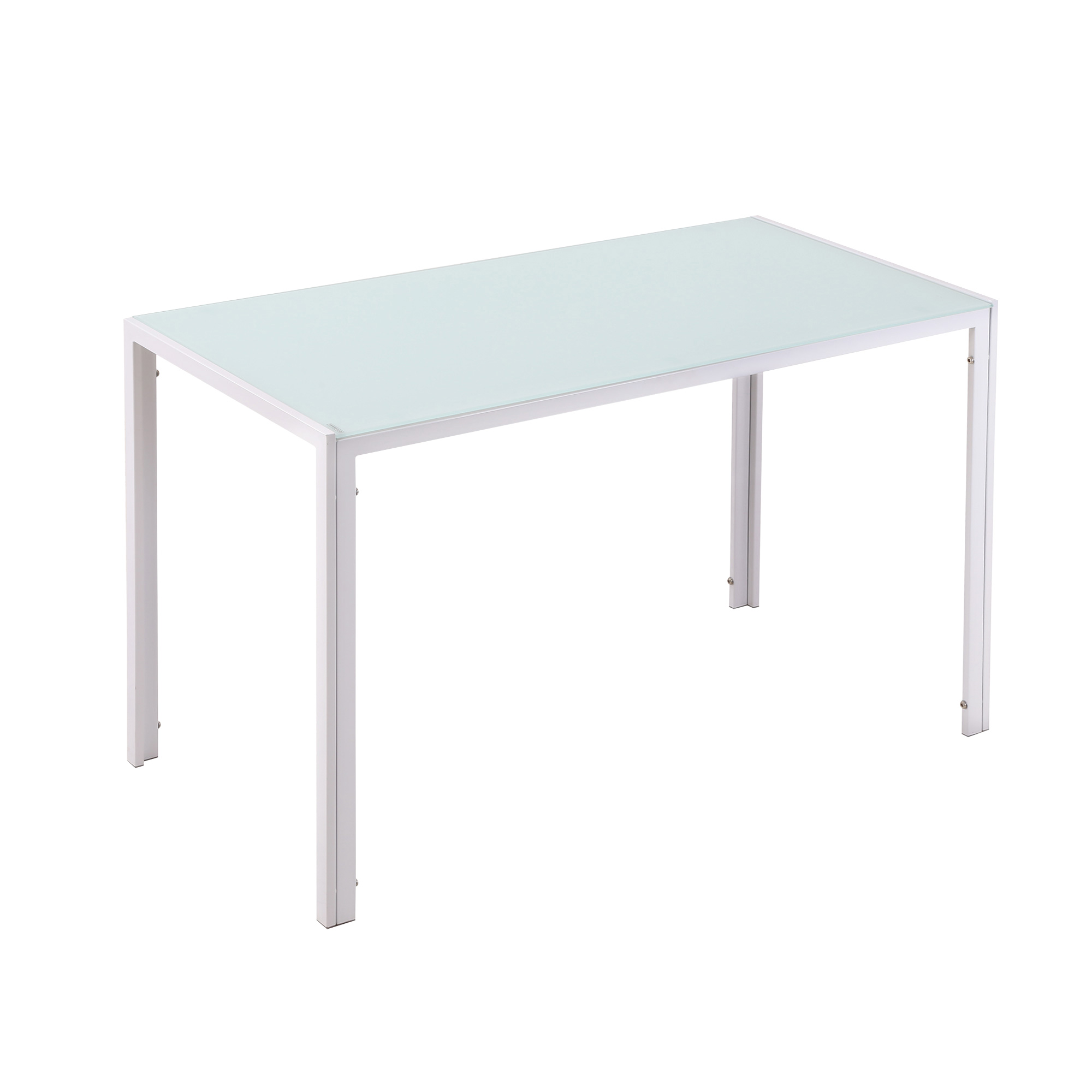 Tavolo con struttura in metallo bianco e piano in vetro. Su sfondo bianco.