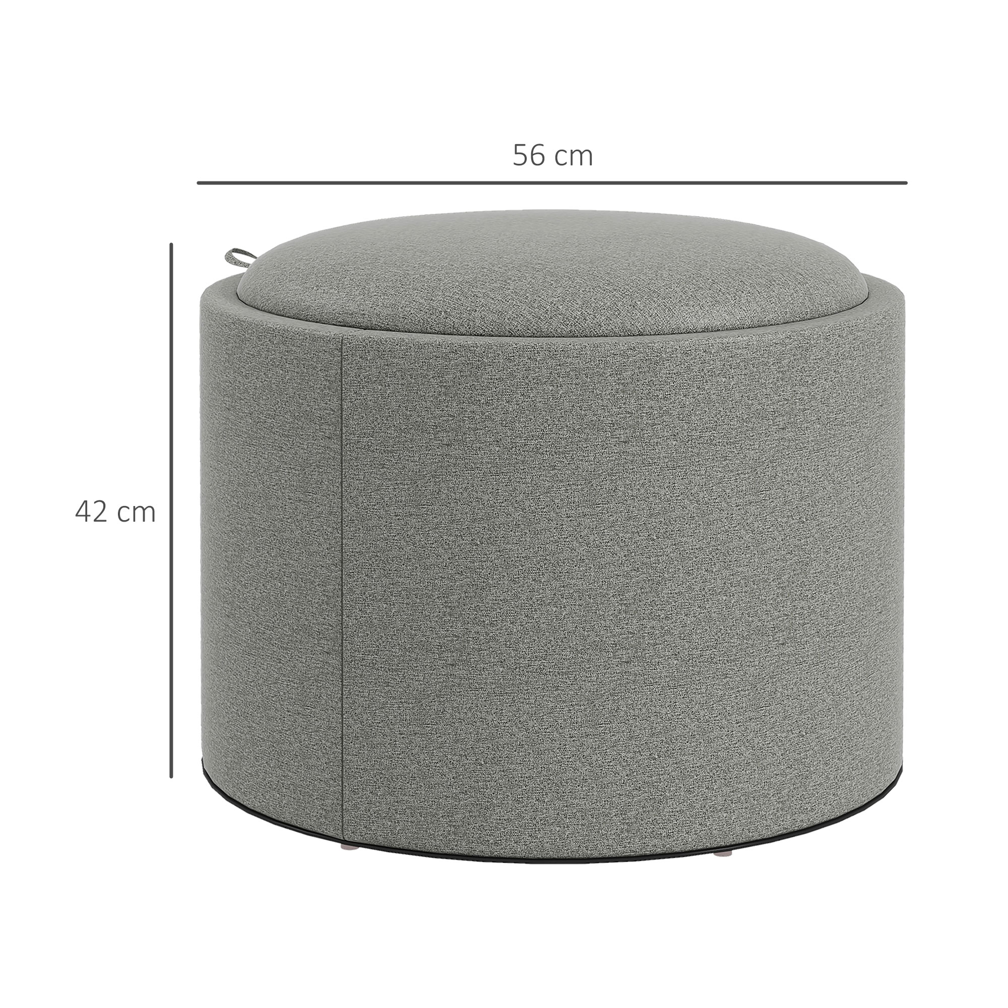 Pouf contenitore rotondo grigio con dimensioni etichettate. Sfondo bianco.