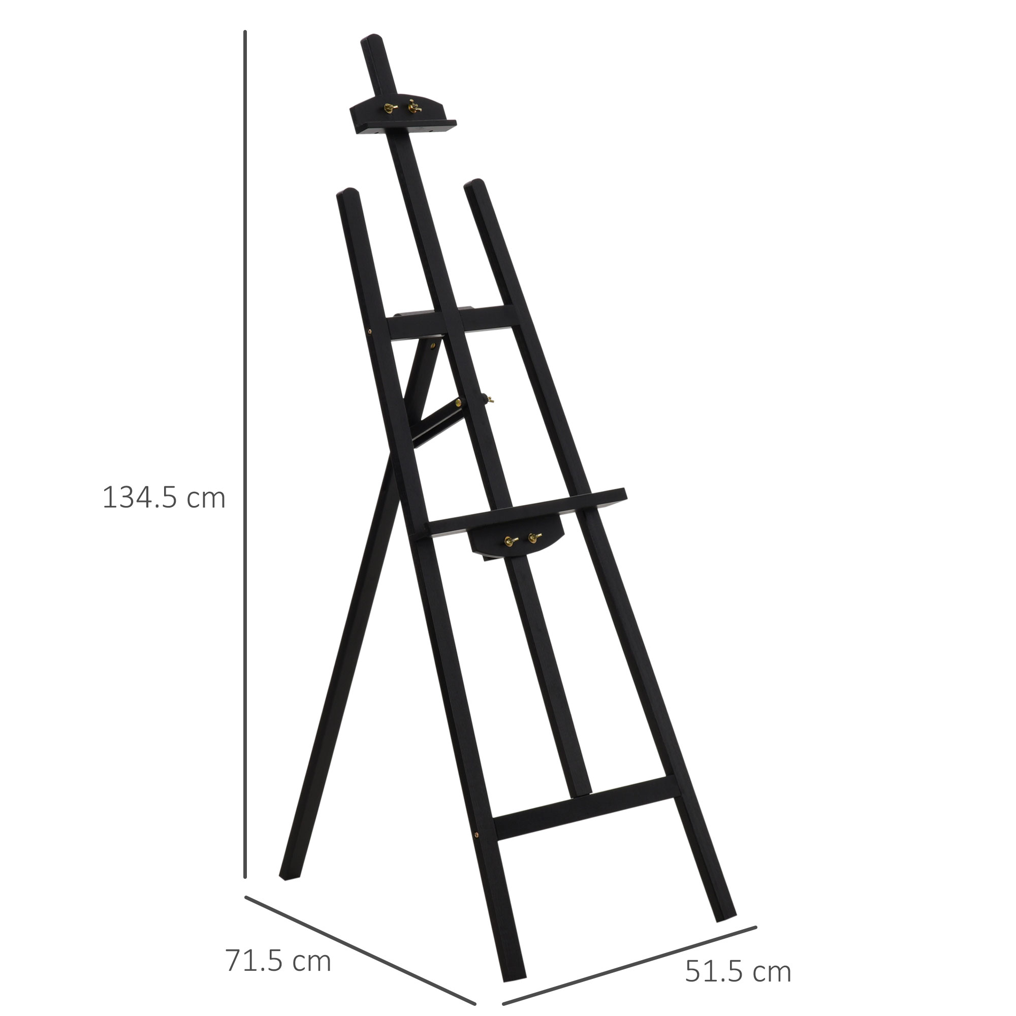 Un cavalletto da artista in legno nero è mostrato, con dimensioni annotate.