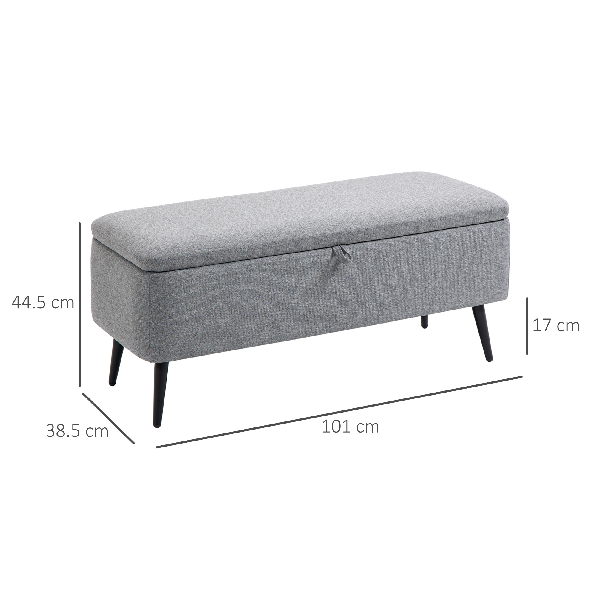Panca contenitore imbottita grigia con gambe nere. Dimensioni: 101x38,5x44,5 cm.
