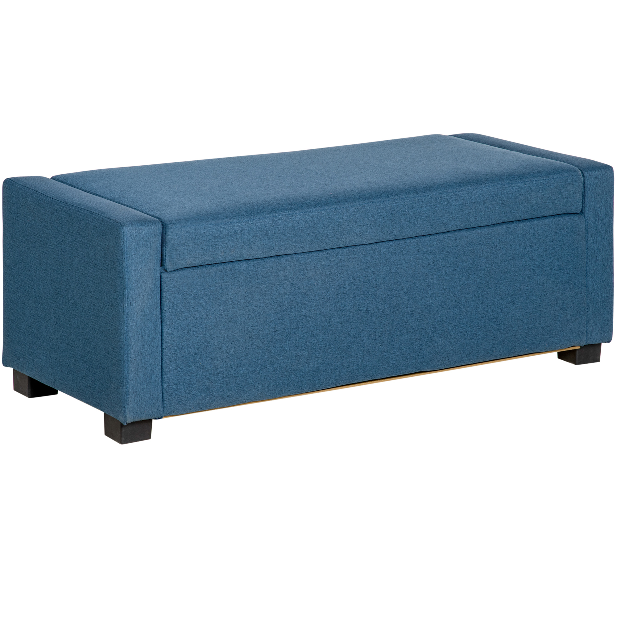 Un pouf contenitore blu con gambe nere, di fronte a uno sfondo bianco.