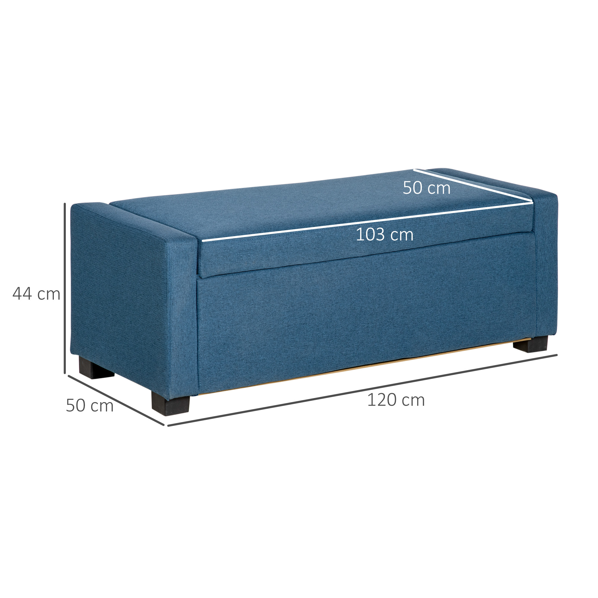 Panca contenitore blu imbottita con gambe nere. Dimensioni: 120x50x44 cm.