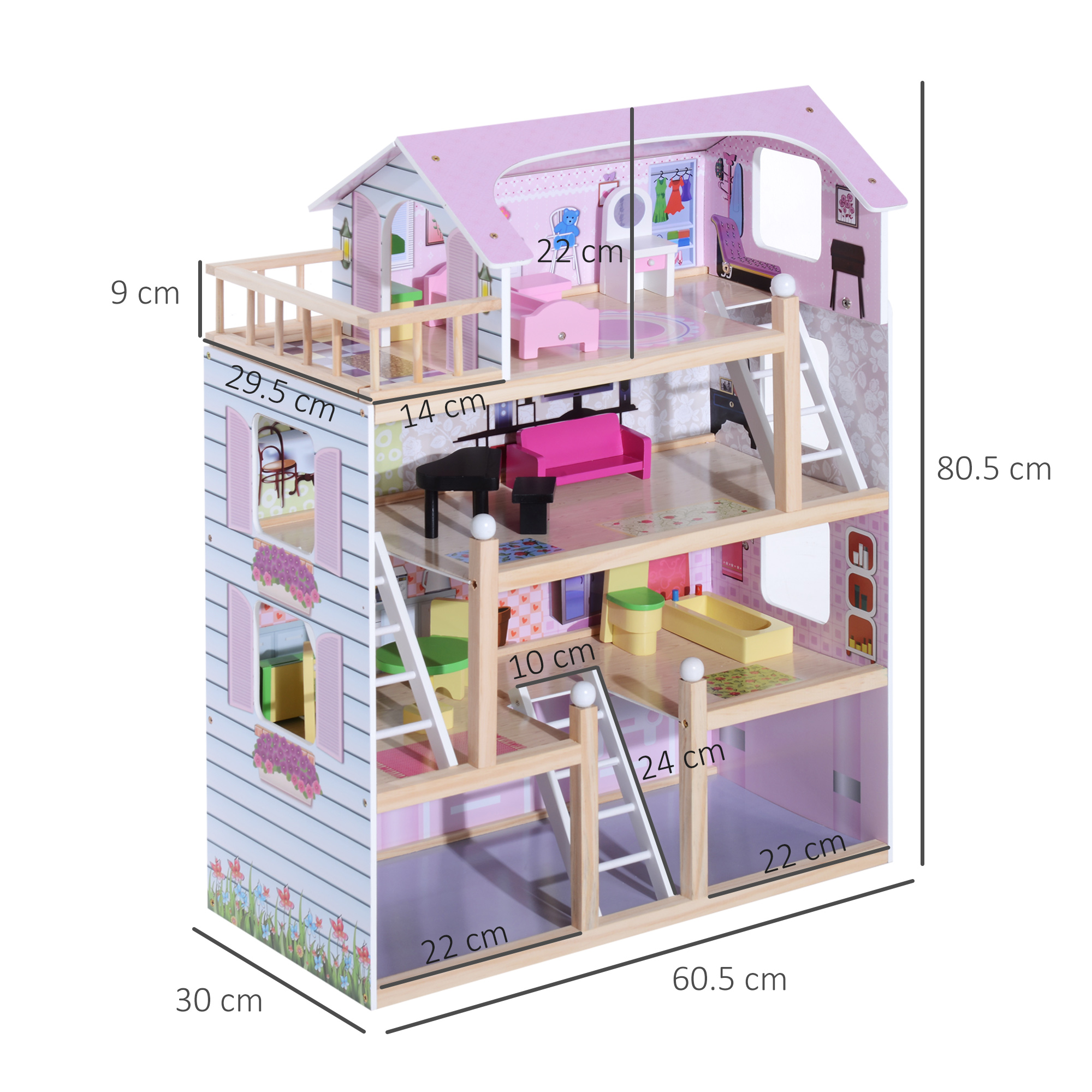 Una casa delle bambole a più piani con tetto rosa e balconi. Include mobili, scale e dimensioni visibili.