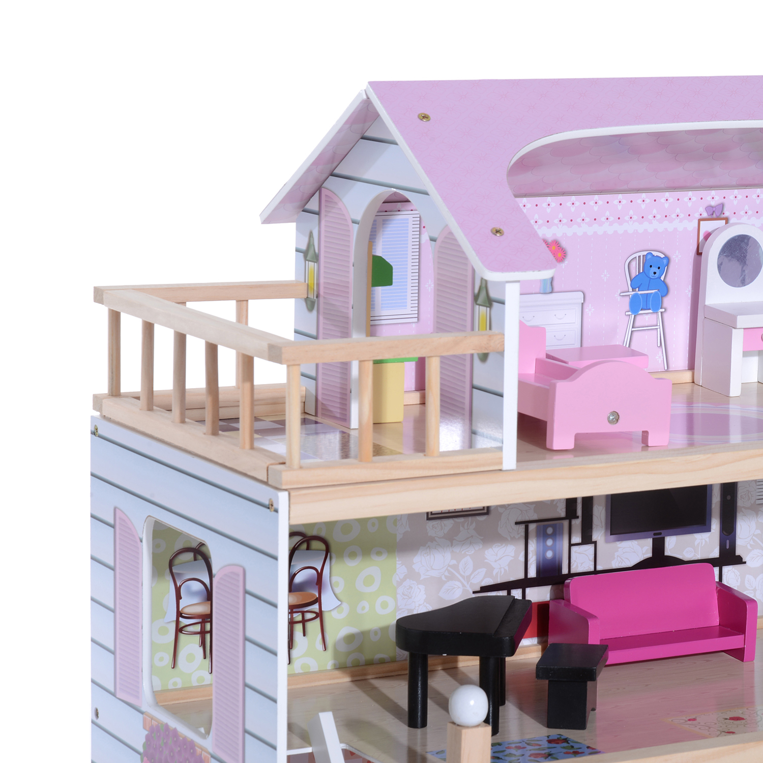 Un interno di casa delle bambole con tetto rosa, mobili e balcone.