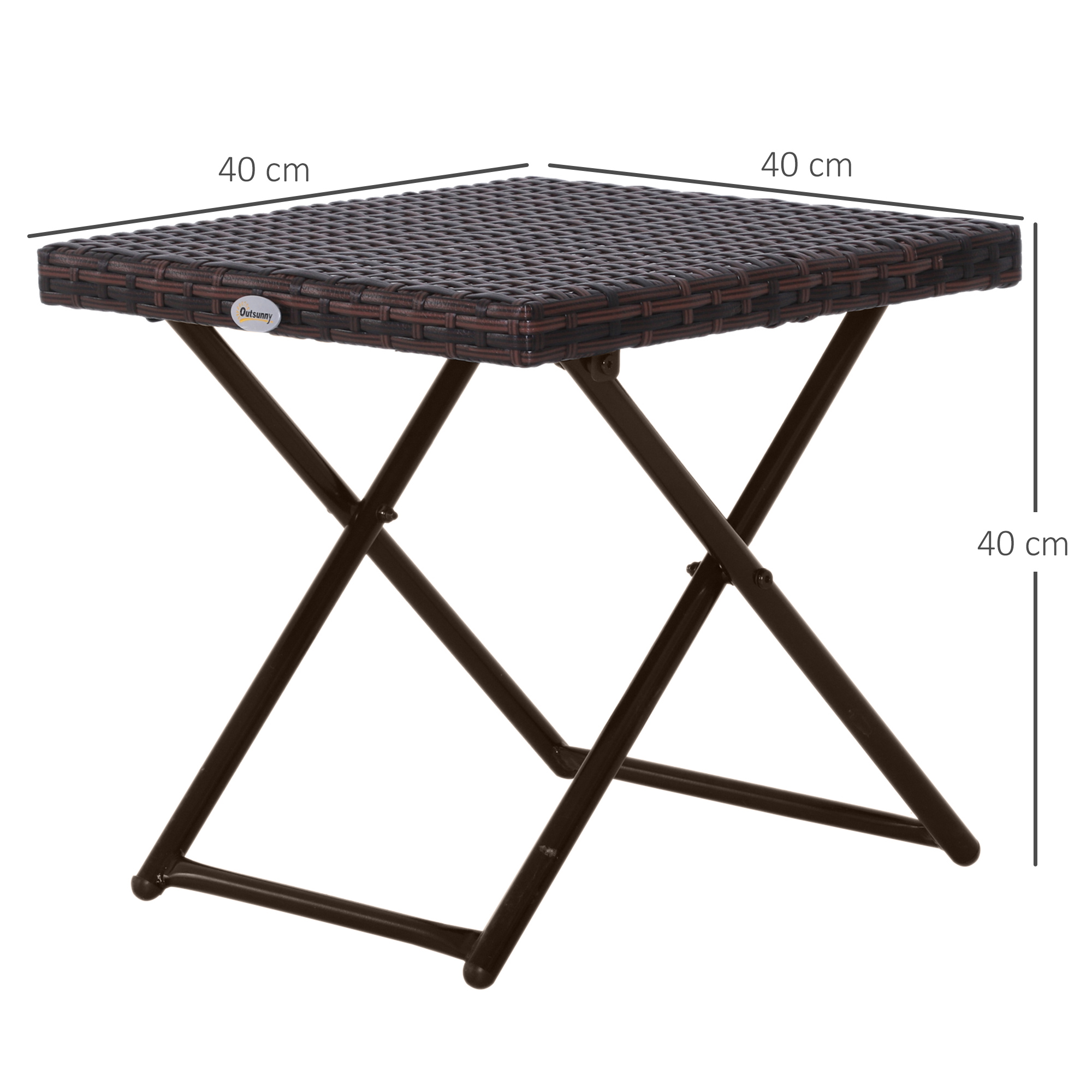 Tavolo marrone intrecciato. Ha un piano quadrato e gambe in metallo marrone. Le dimensioni sono indicate.