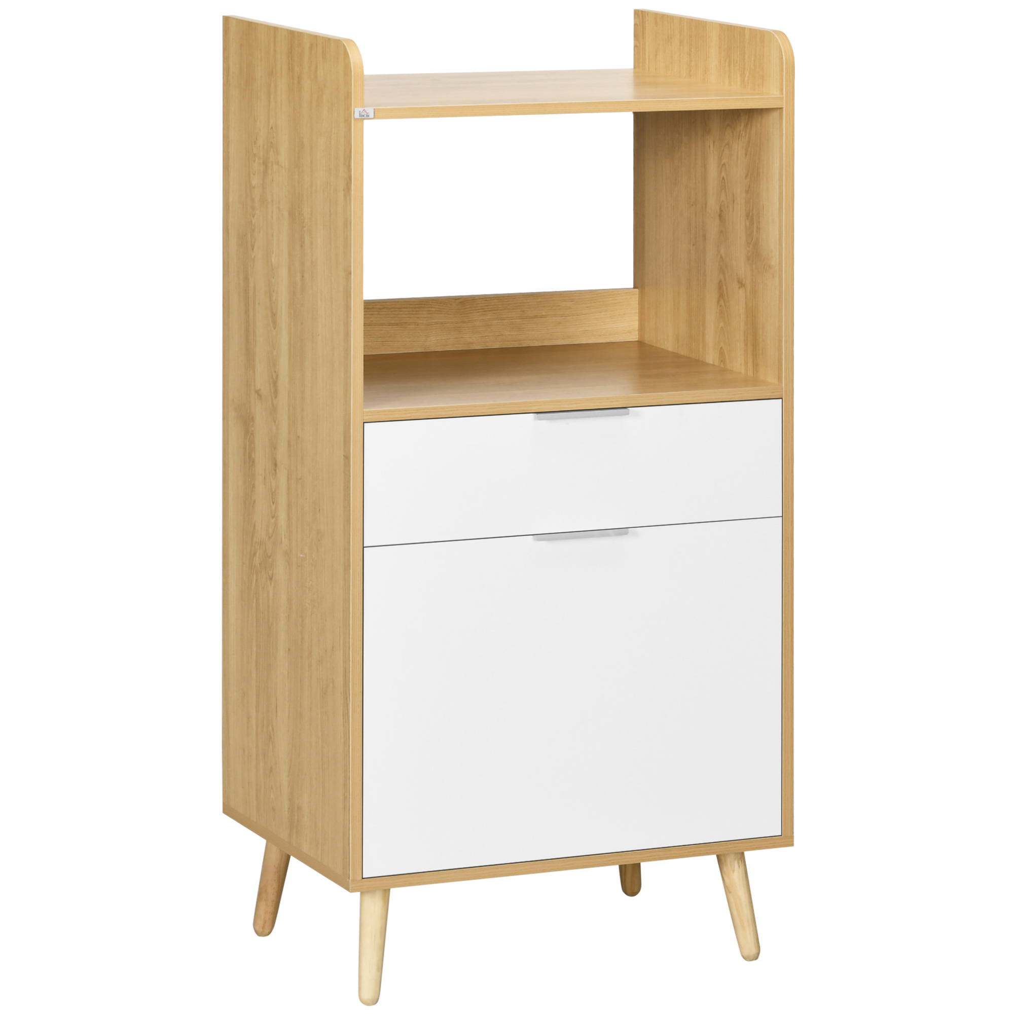 Mobile in legno con ripiano, cassetto e gambe in legno. Il cassetto e la porta sono bianchi.