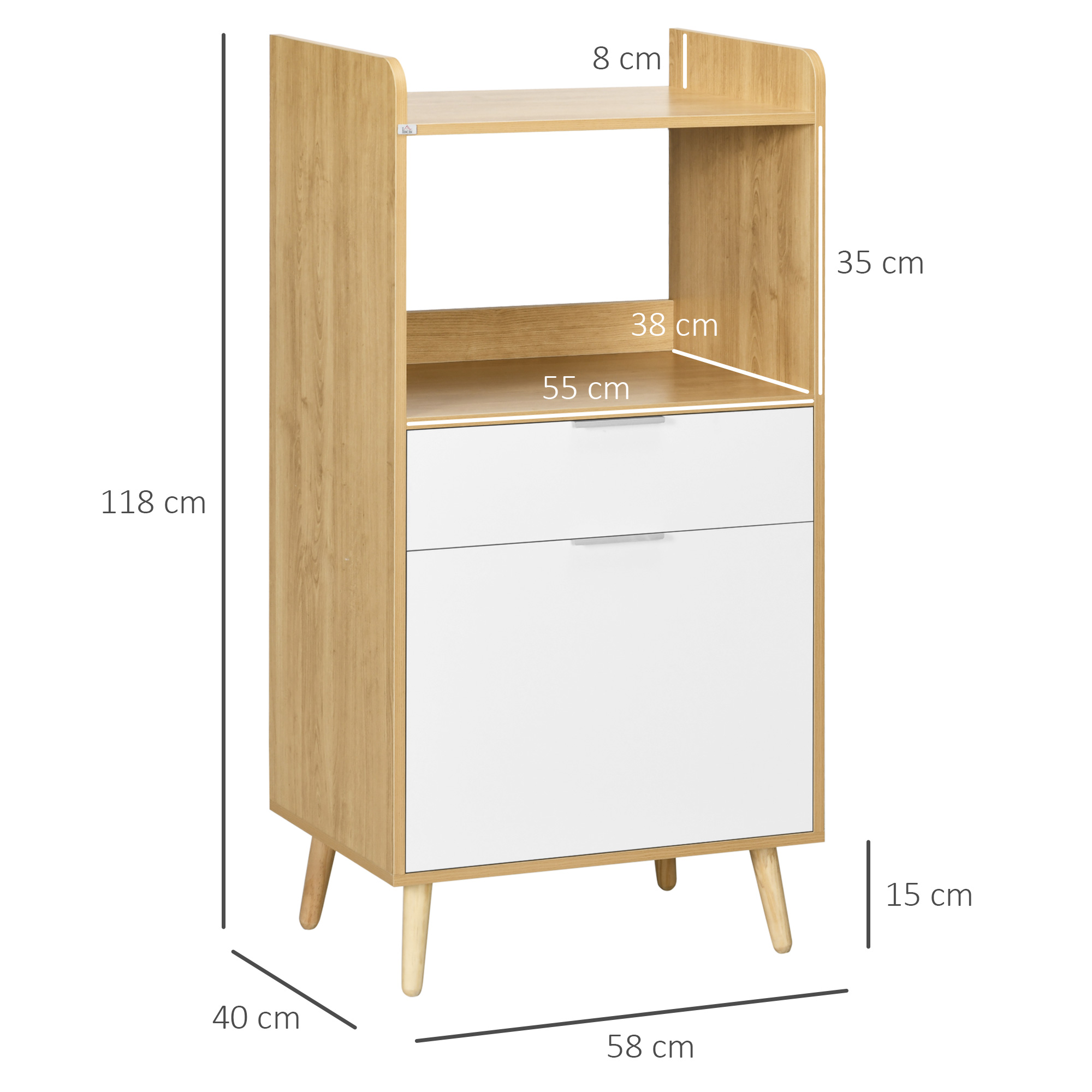 Un mobile in legno con cassetti e ripiani. Le dimensioni sono mostrate nell'immagine.