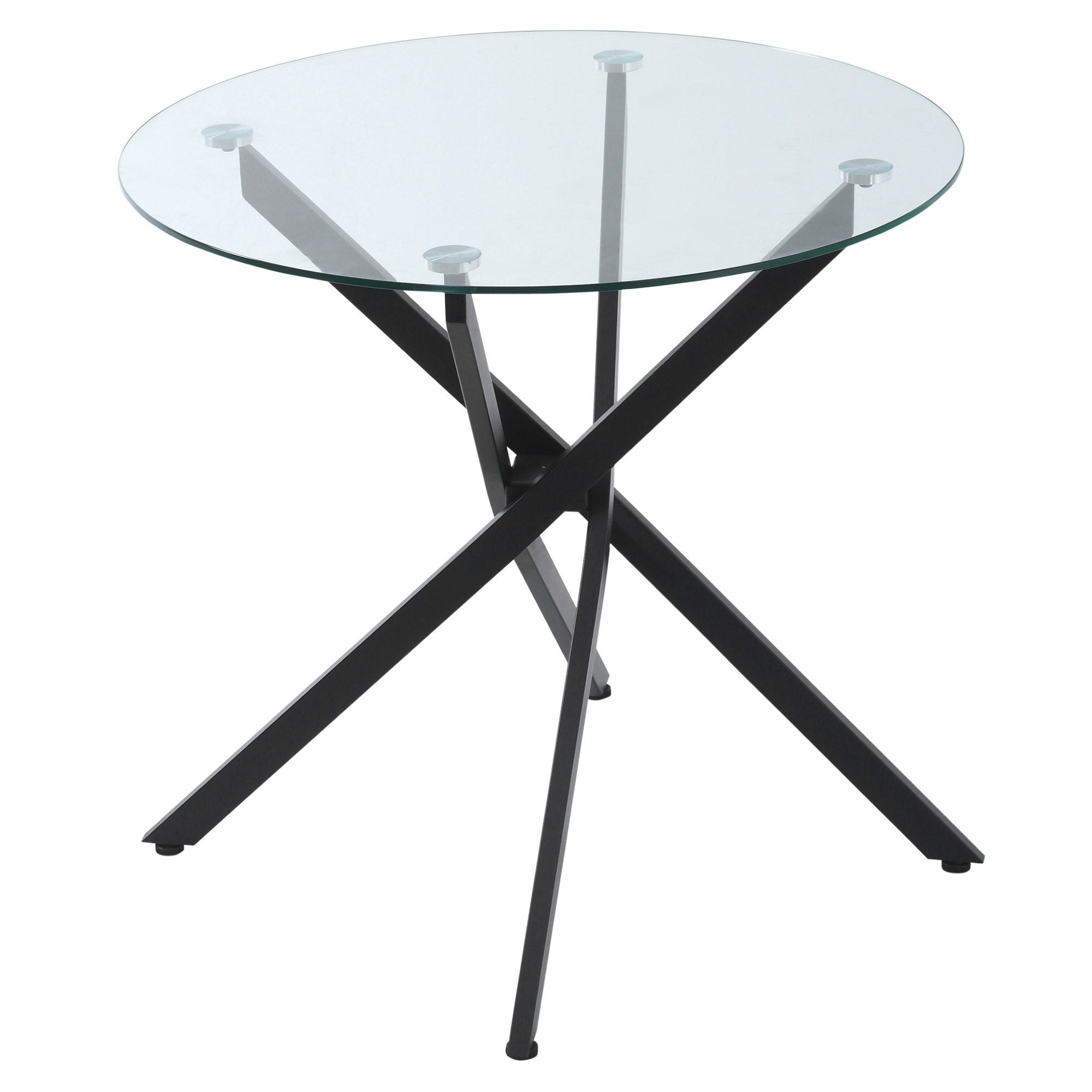 Tavolo rotondo in vetro con base a forma di X in metallo nero. La base ha quattro gambe.