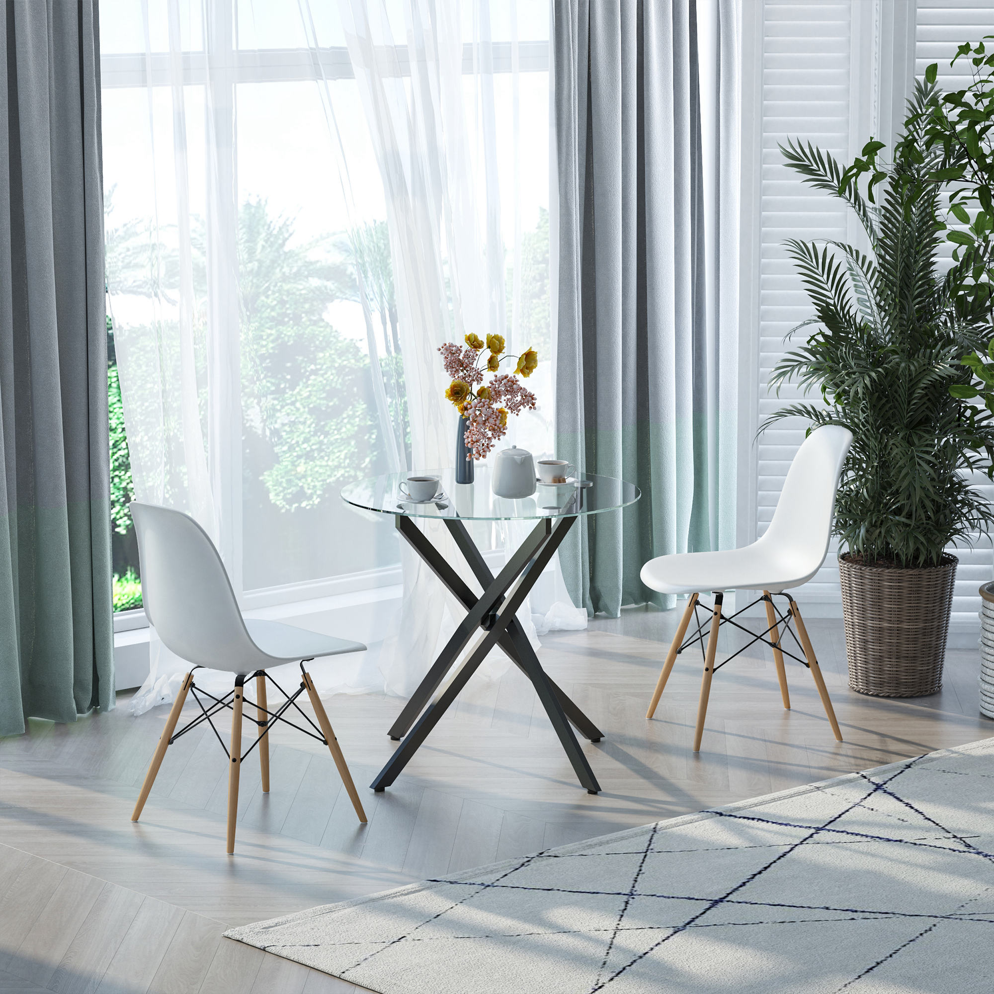 Sala da pranzo moderna con tavolo in vetro, sedie bianche e piante.