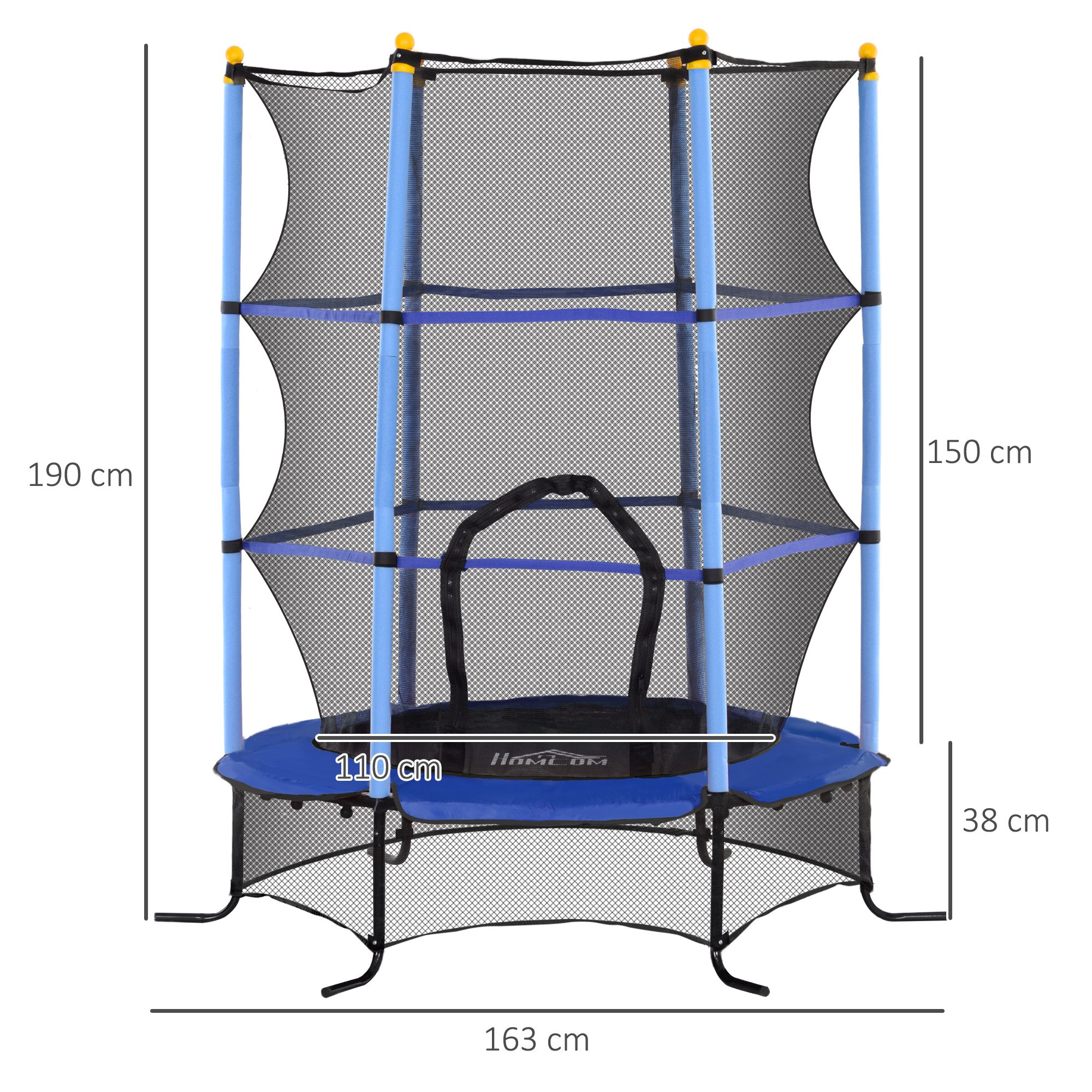 Un trampolino blu e nero con rete di sicurezza e misure. Struttura e supporti visibili.